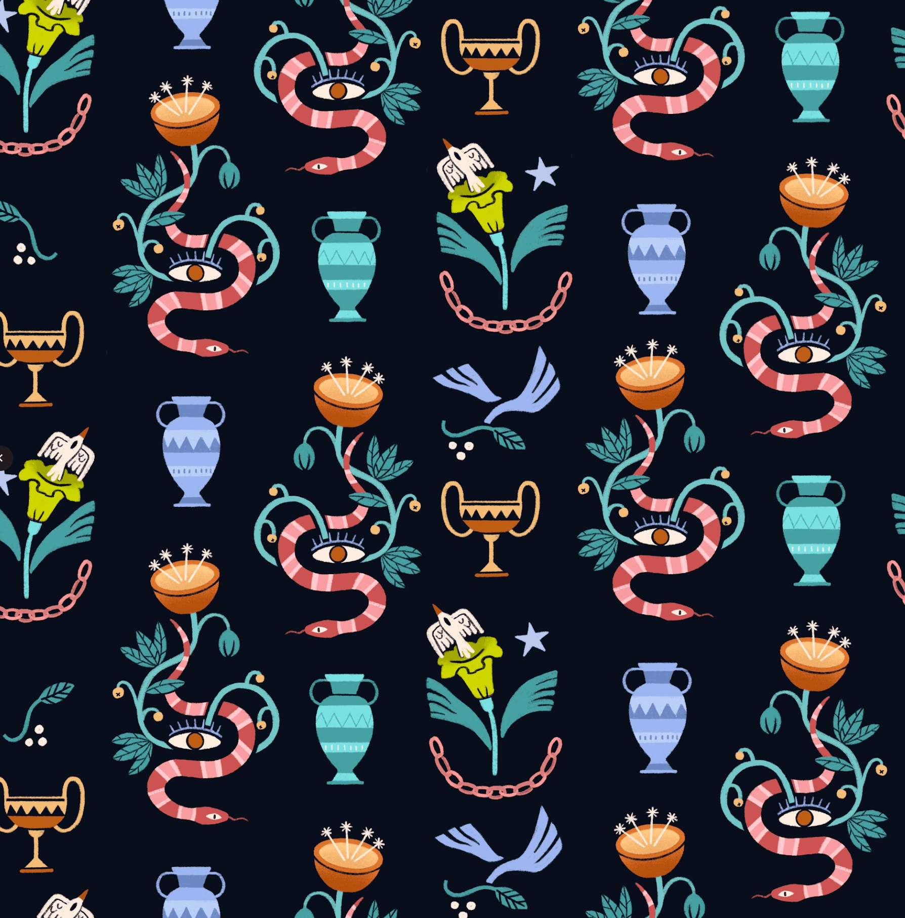 Pattern featuring snakes intertwined with eyes, flowers, vases, bowls with pins, hand gestures, and trophies on a dark background.