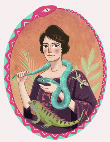 Illustration of a woman holding a smartphone with a green snake and two small lizards wrapped around her arms, set against a pink and teal patterned oval background with a pink snake at the top.