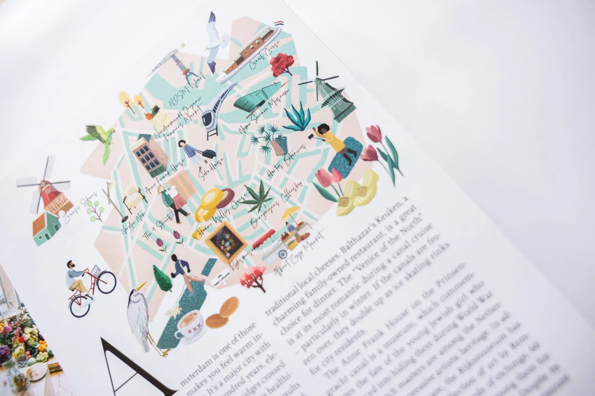 Illustrated map of a city with landmarks, people, and flowers, accompanied by text about local cuisine and attractions.