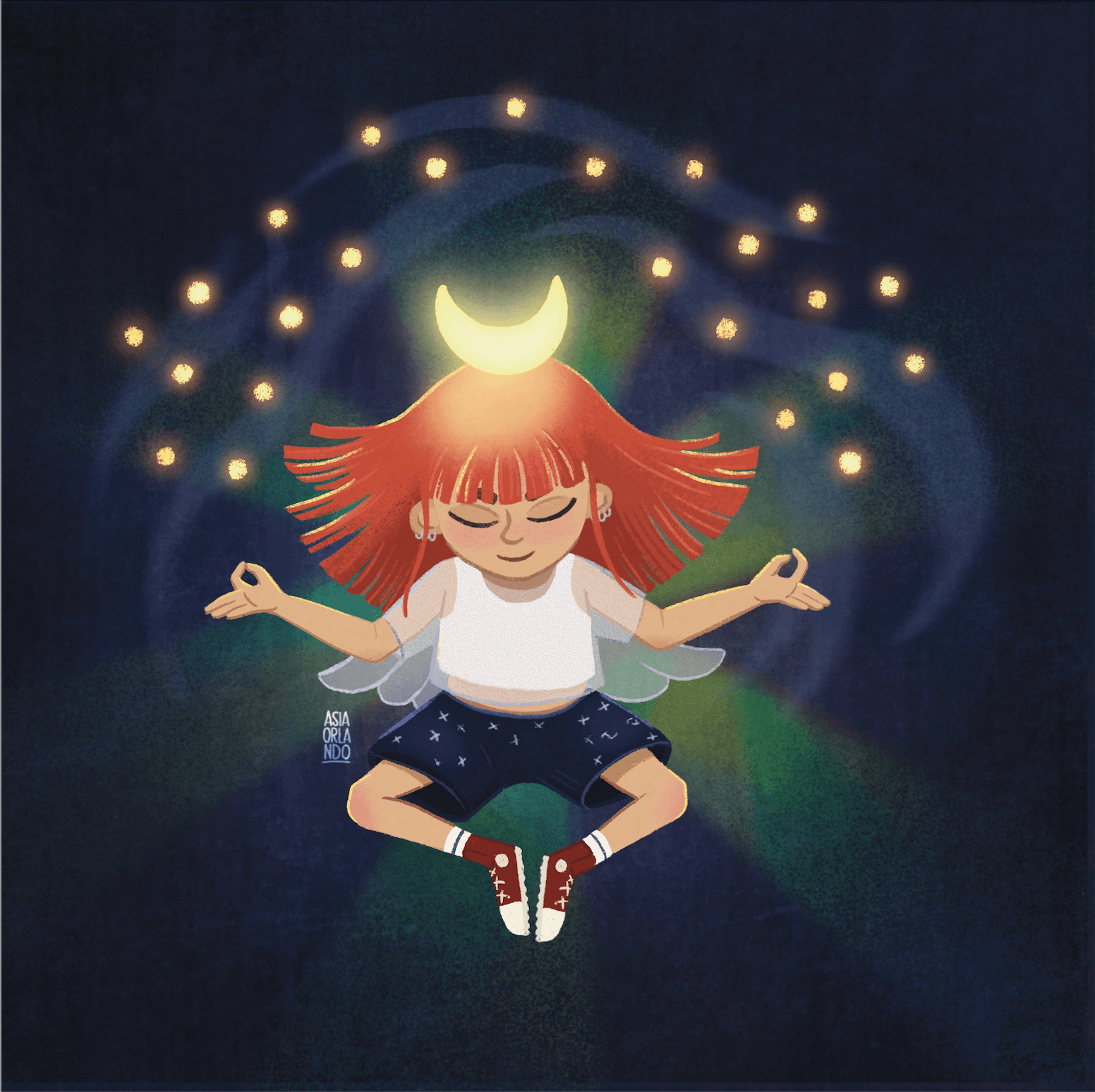 A girl with red hair floating in a dark space surrounded by a glowing crescent moon and stars.