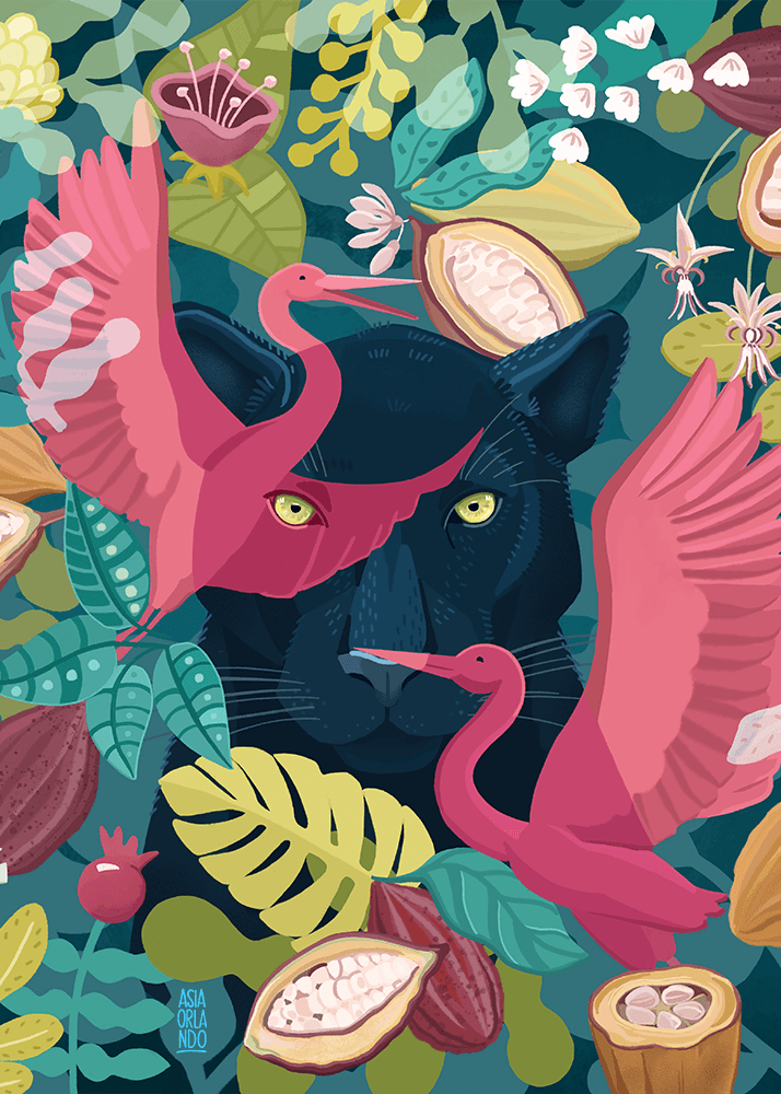 Illustration of a black panther surrounded by pink flamingos, tropical leaves, and cacao pods.