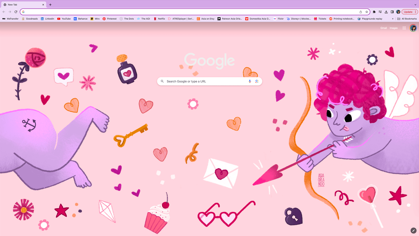 A colorful digital illustration featuring a pink background with a cupid-like character and a small creature, both with purple skin and pink curly hair, surrounded by hearts, keys, an envelope, a cupcake, and various whimsical symbols.