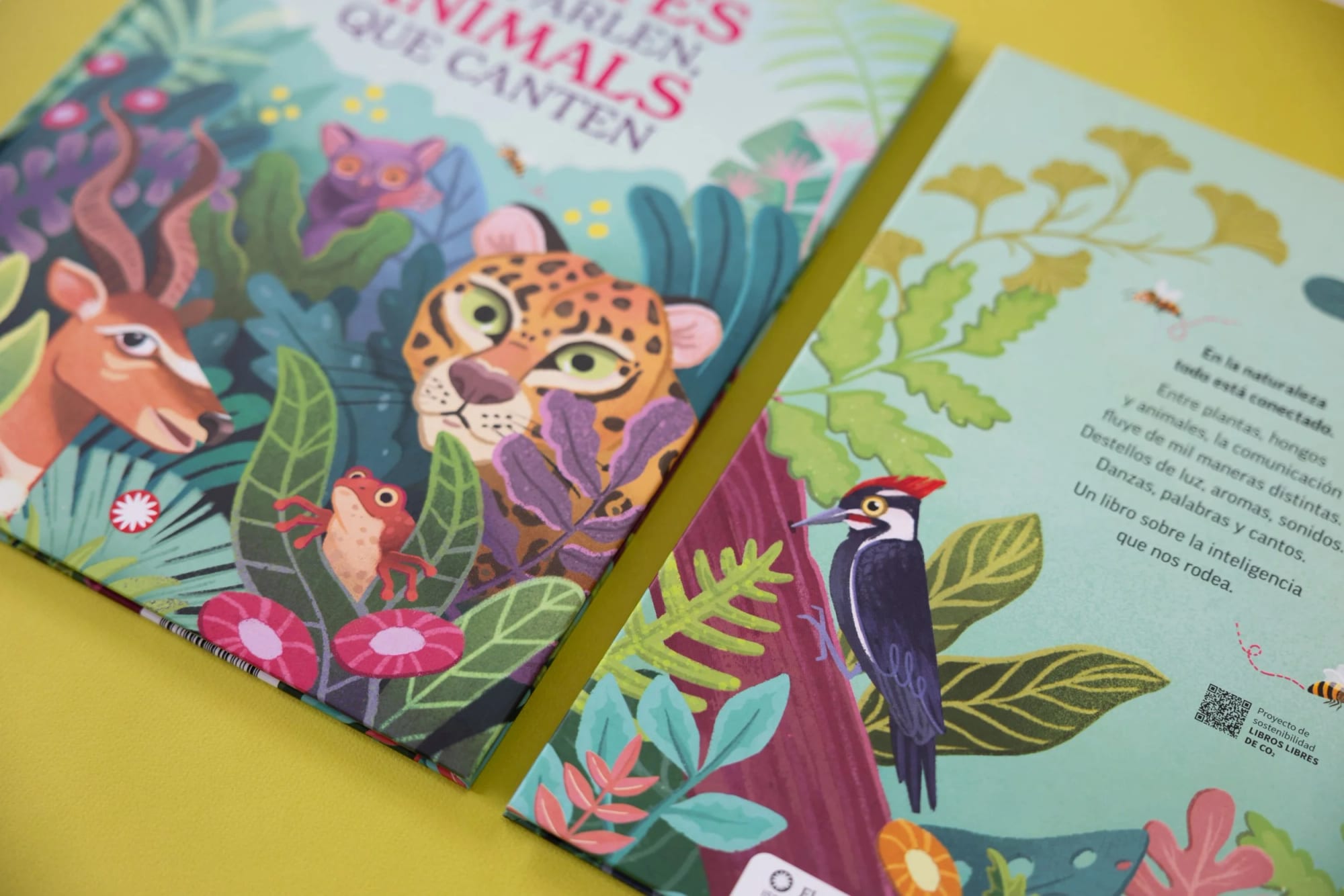Colorful illustrated pages of a children's book featuring rainforest animals such as jaguars, monkeys, toucans, frogs, and a purple cat amid lush green foliage and flowers.