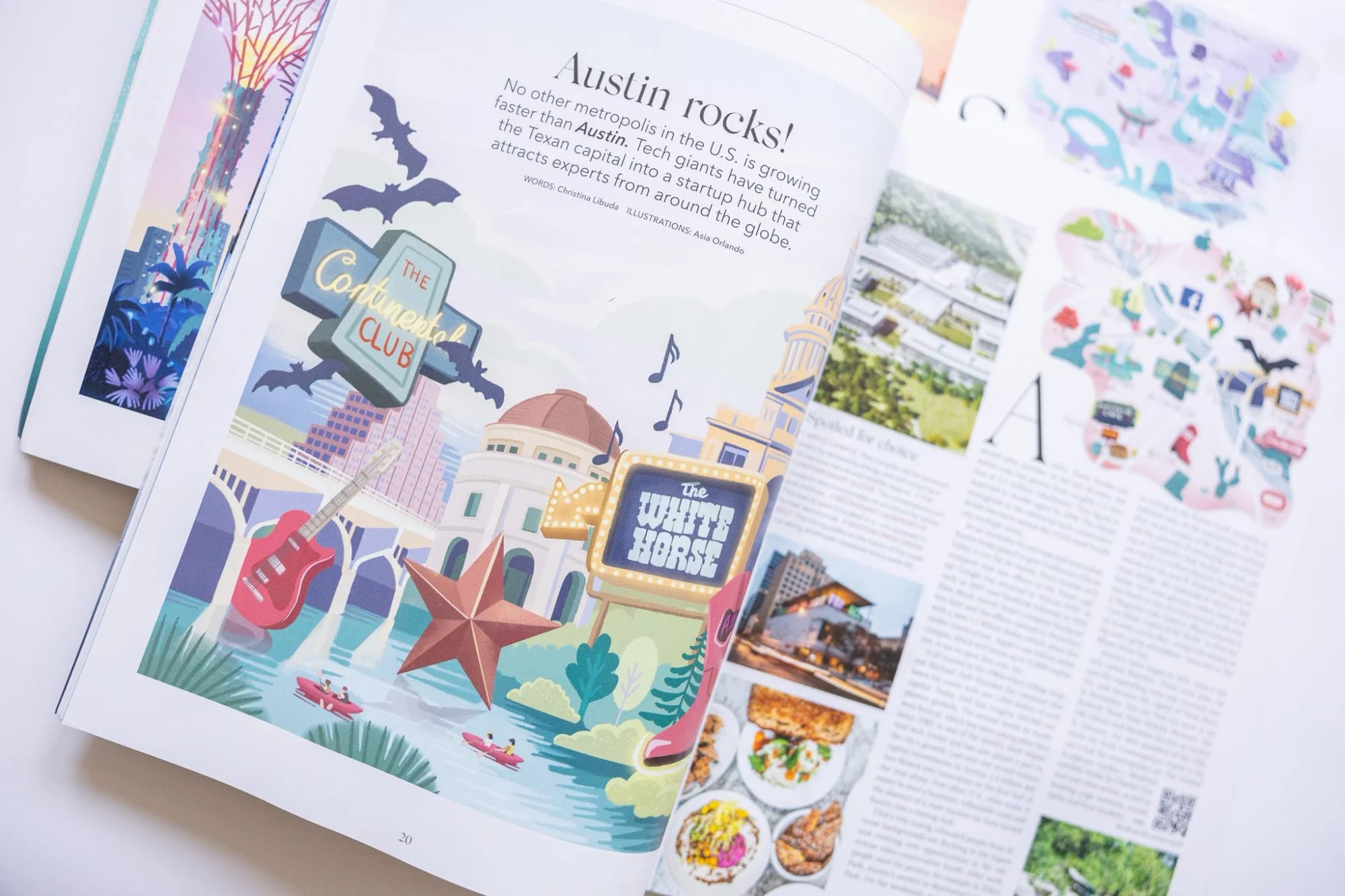 Magazine open to an article about Austin, showing illustrated landmarks and icons like bat silhouettes, a guitar, a marquee with 'The Whitney Horse,' and the Capitol building.