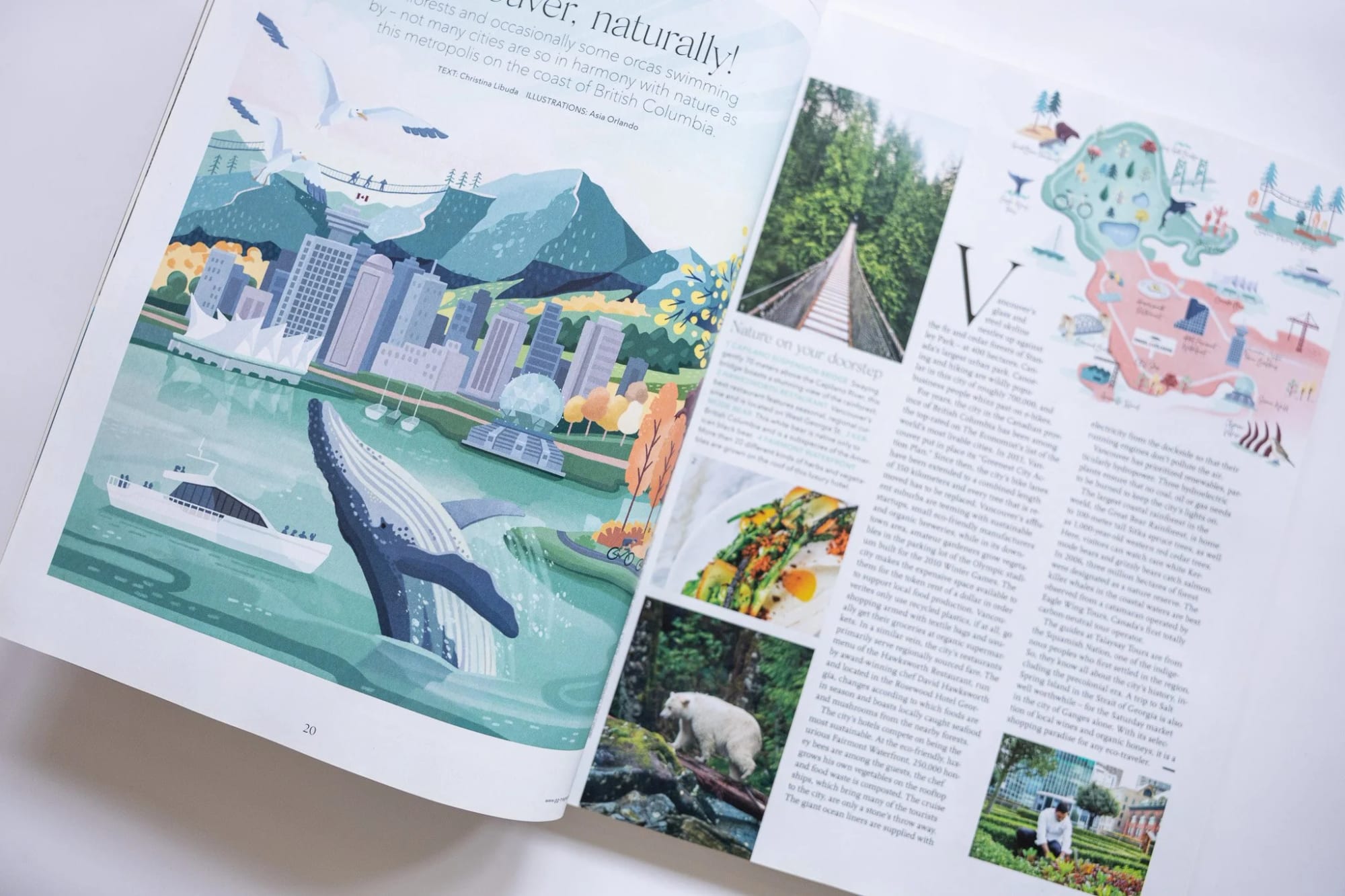 An illustrated magazine page with a depiction of Vancouver, Canada, showing mountains, cityscape, harbor, whale, and seagulls. The page includes some columns of text, a photo of a suspension bridge, a small colorful food photo, a bear in the woods, and a person planting flowers.
