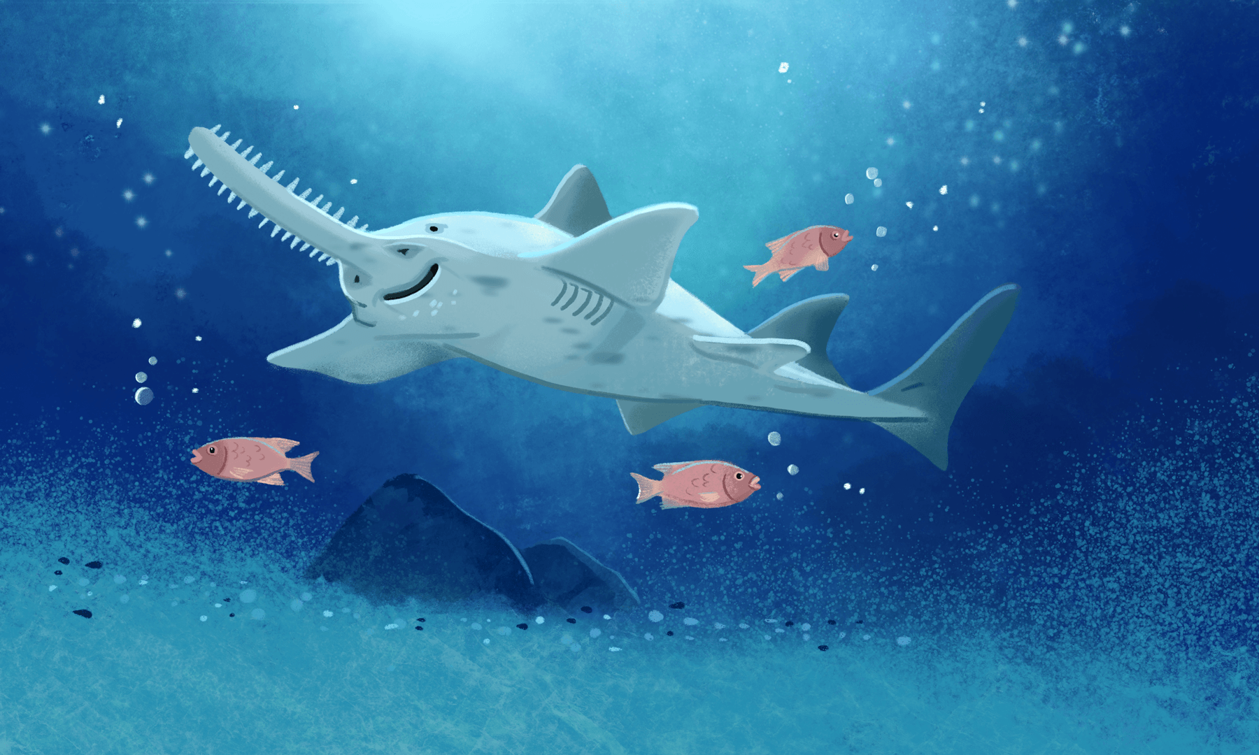A cartoon style illustration of a narwhal in the ocean surrounded by three pink fish, with a rocky underwater landscape in the background.