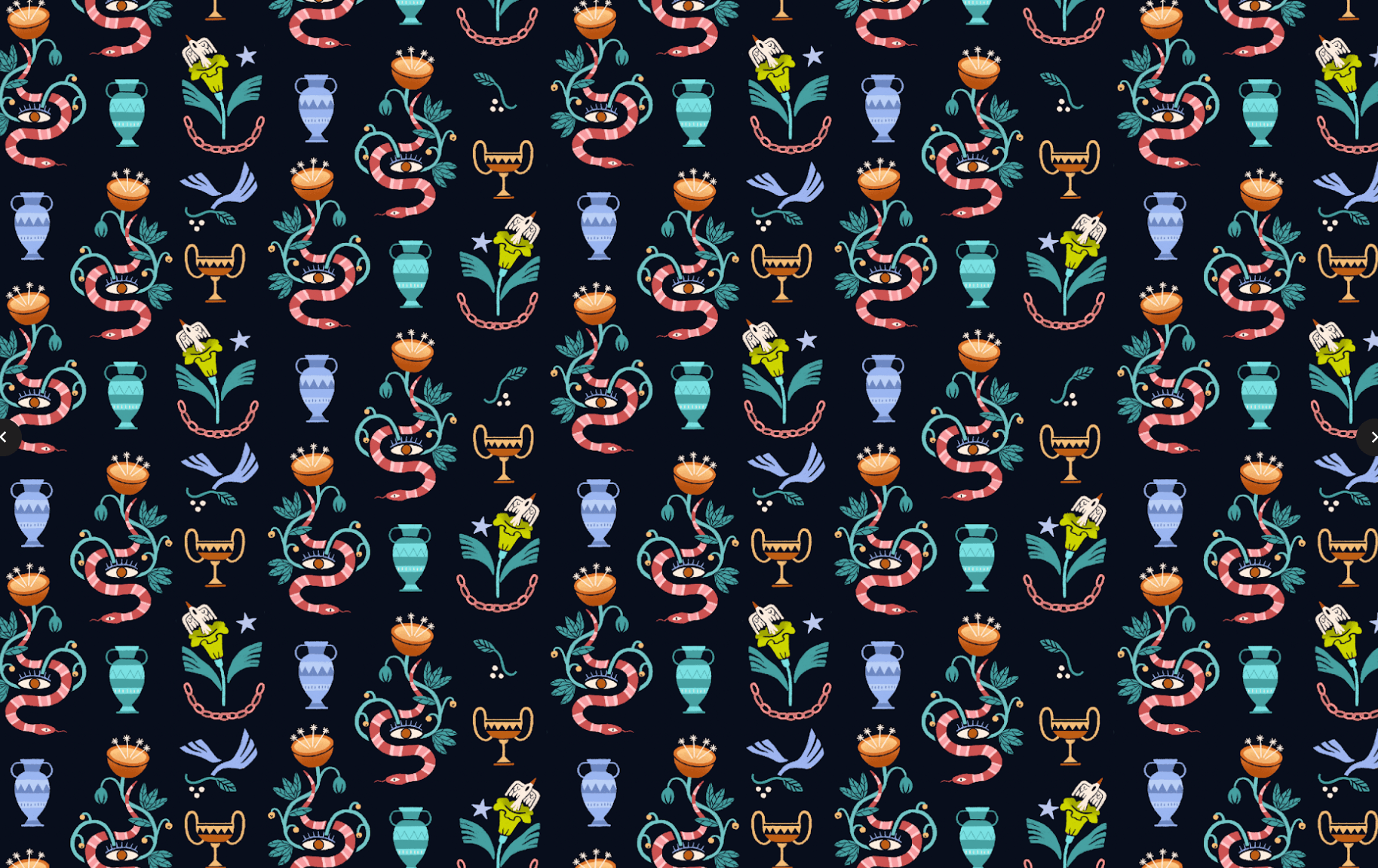 A repeating pattern with snakes, vases, goblets, flowers, birds, and stars on a dark background, styled in a colorful, whimsical design.