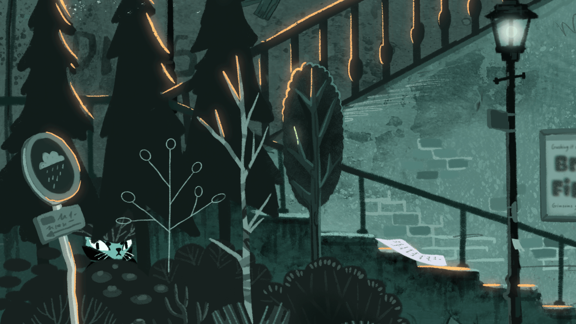 A stylized digital illustration of a rainy urban scene at night, showing a staircase with a stone base, a black metal railing, a classic lamppost casting light, a poster on the wall, a sign next to a small bush, and trees outlining the background.