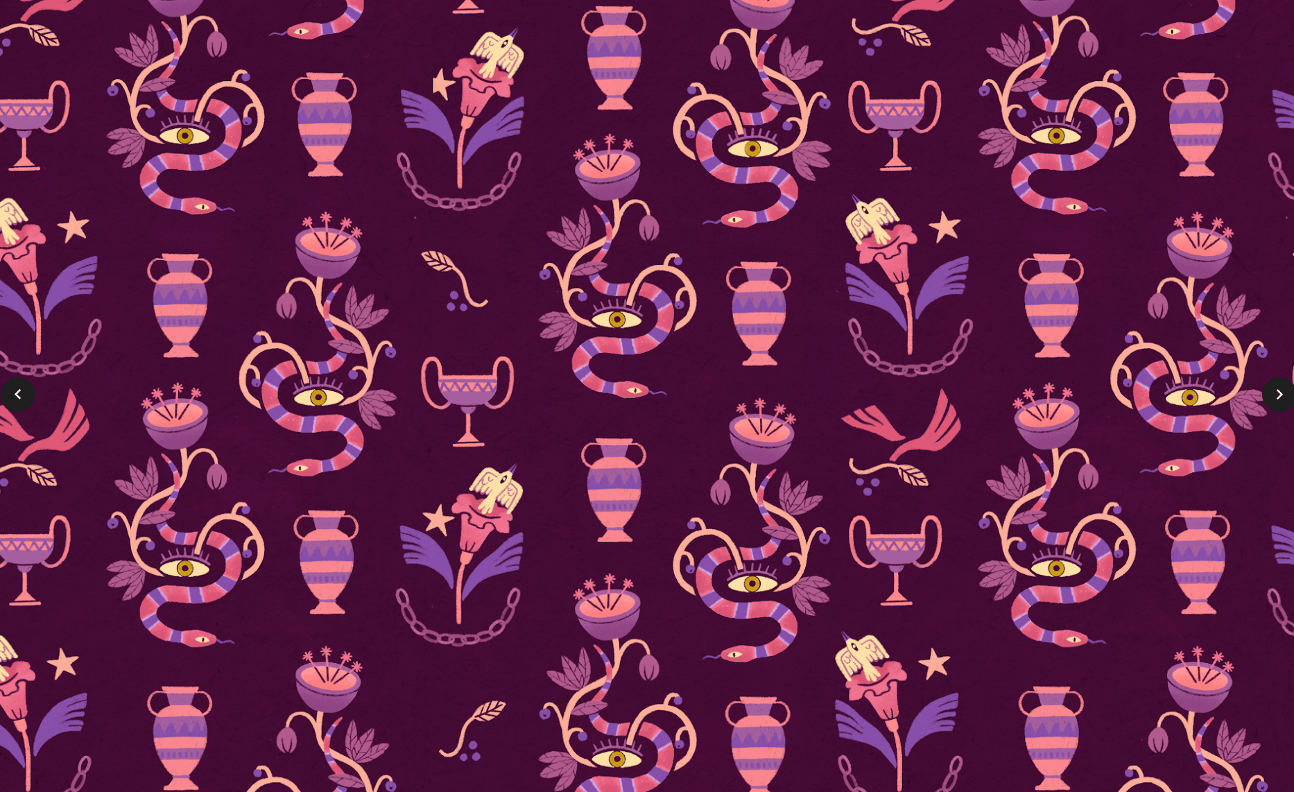 Pattern of purple snakes with yellow eyes, pink and purple vases, pink flowers with white wings, yellow stars, and chains on a dark purple background.
