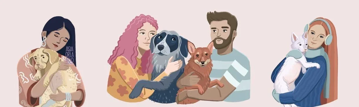 Three women, each holding a dog or a cat, depicted in a digital illustration style.