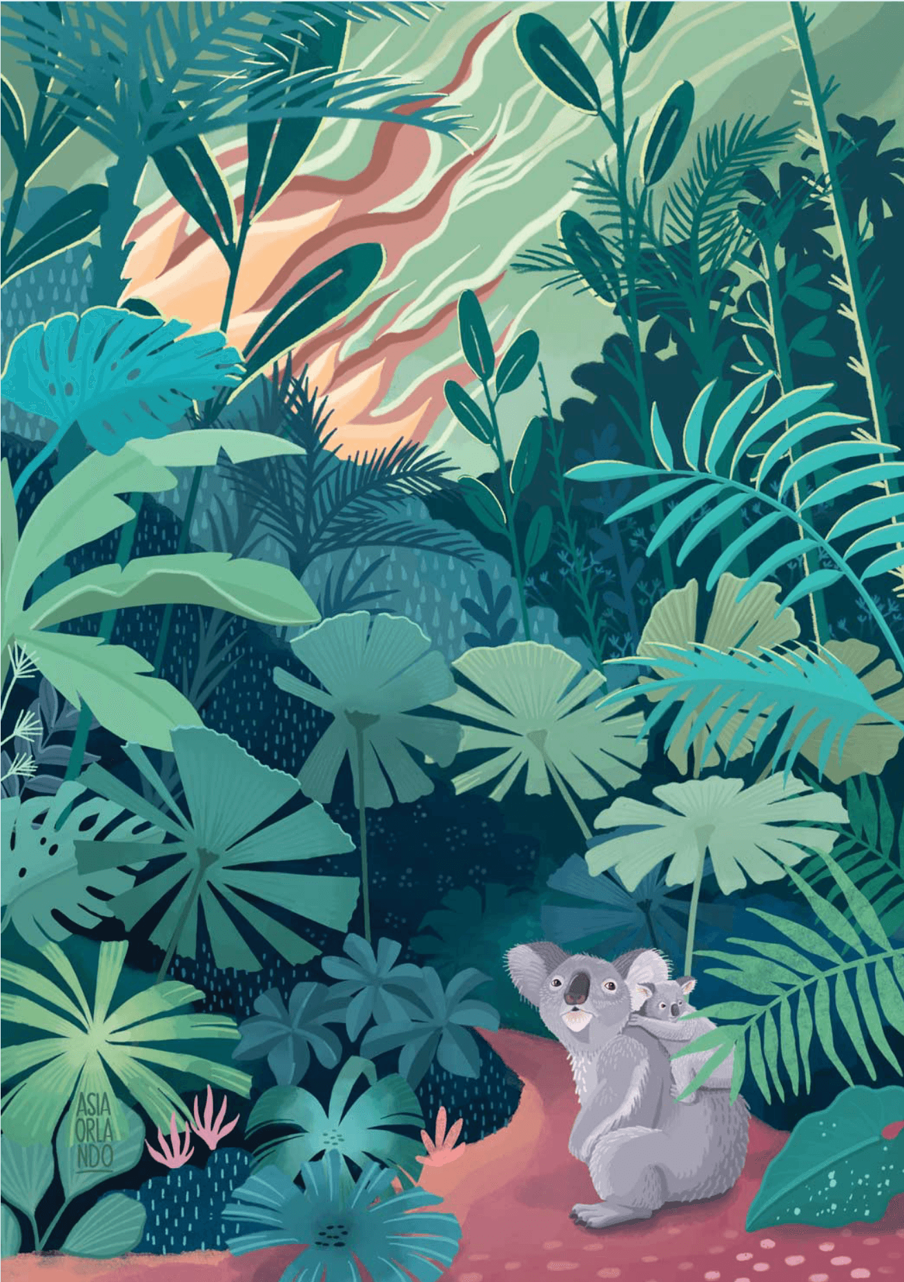 Illustration of a lush jungle scene with dense green tropical plants and a winding path. In the foreground, a koala with a baby koala on its back sits on the path.