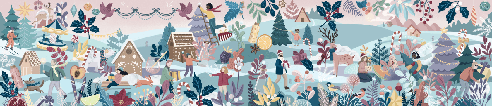 A festive winter scene with people engaging in holiday activities such as decorating, playing, and giving gifts amid snow-covered trees, gingerbread houses, ornaments, and holiday decorations.