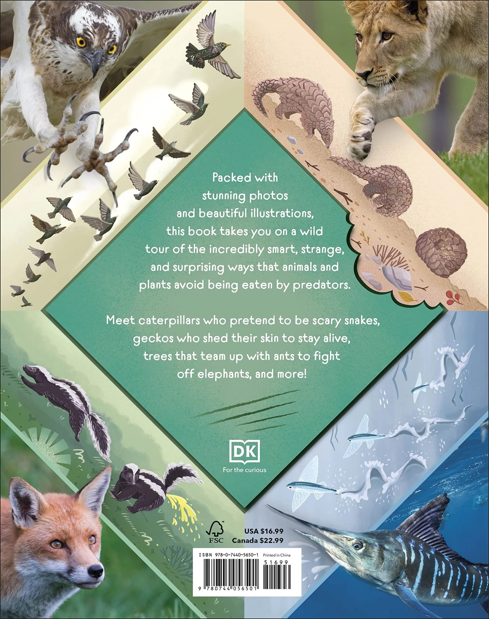 Book cover featuring various animals including an eagle, hummingbirds, a lion, a pangolin, geckos, an elephant, flying fish, and a fox, with text describing its content about animals' survival adaptations.