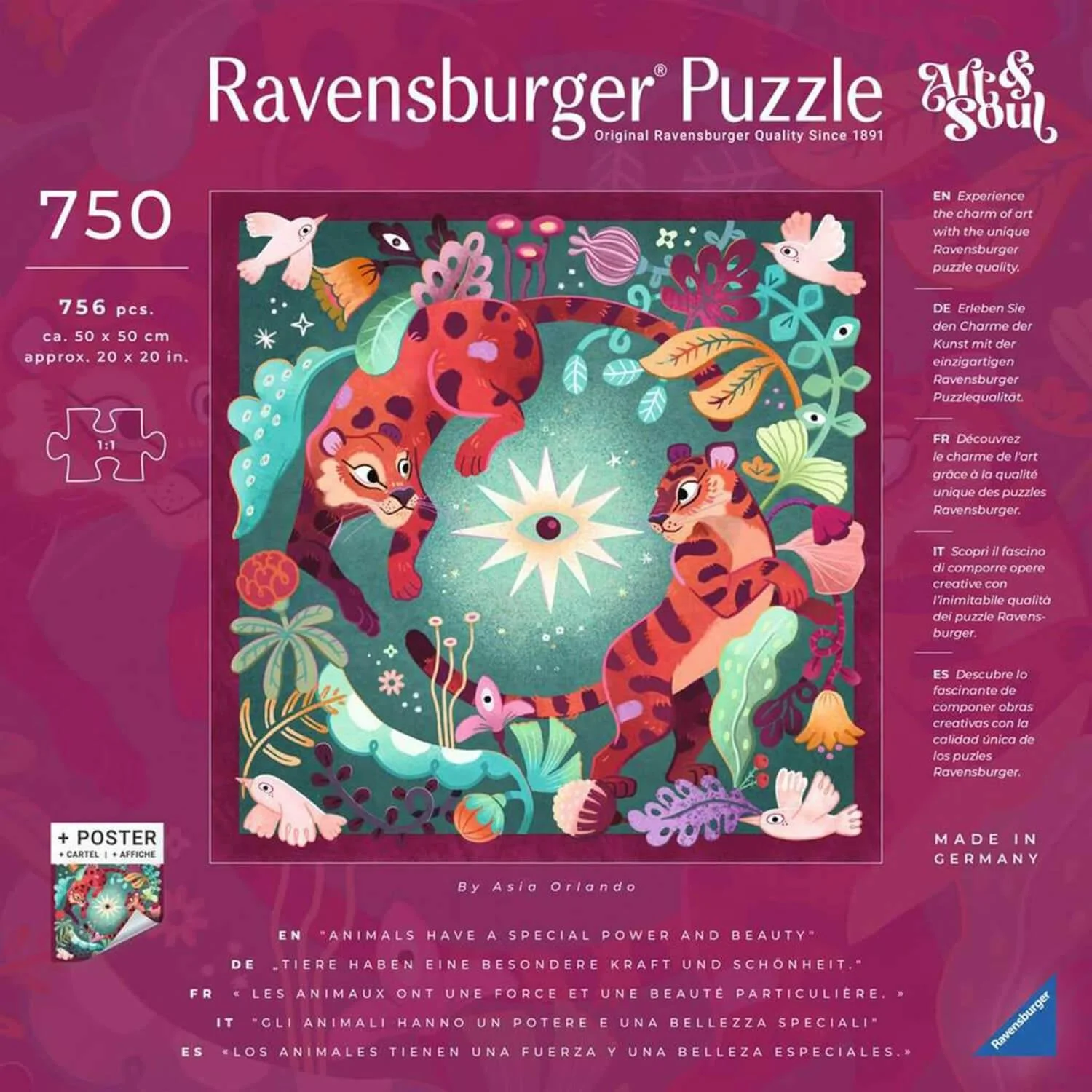 Ravensburger puzzle box featuring an illustration of two playful tigers, surrounded by flora, fauna, and mystical elements, with a central eye symbol.