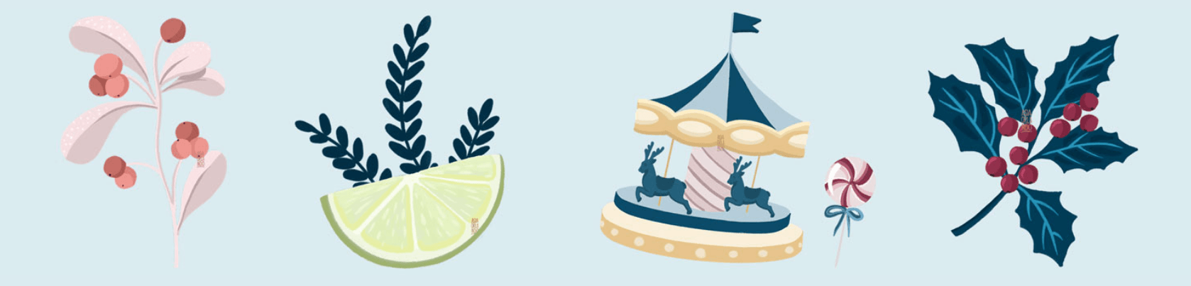Illustration of Christmas and holiday-themed objects: a branch with pink berries and pale leaves, a sprig of dark green foliage and lime wedge, a toy carousel with horses, a red and white peppermint lollipop, and a holly sprig with dark green leaves and red berries.