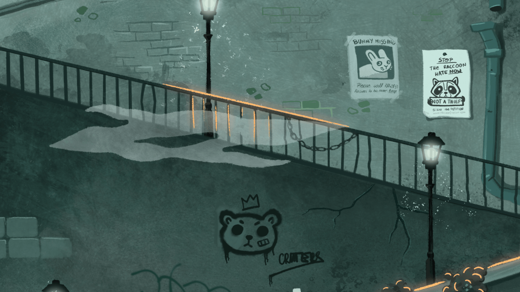 A dark urban scene at night showing a sidewalk with a streetlamp, graffiti of a bear's face with a crown and the word 'CRITTER', and posters on the wall, including a missing bunny notice and a raccoon hate petition.