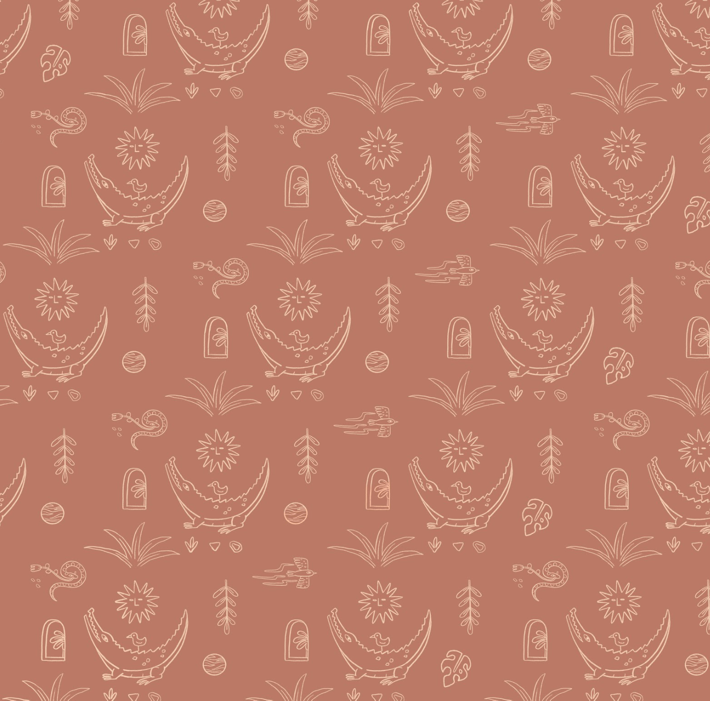 Pattern with line drawings of dinosaurs, plants, moons, and abstract shapes on a brown background.