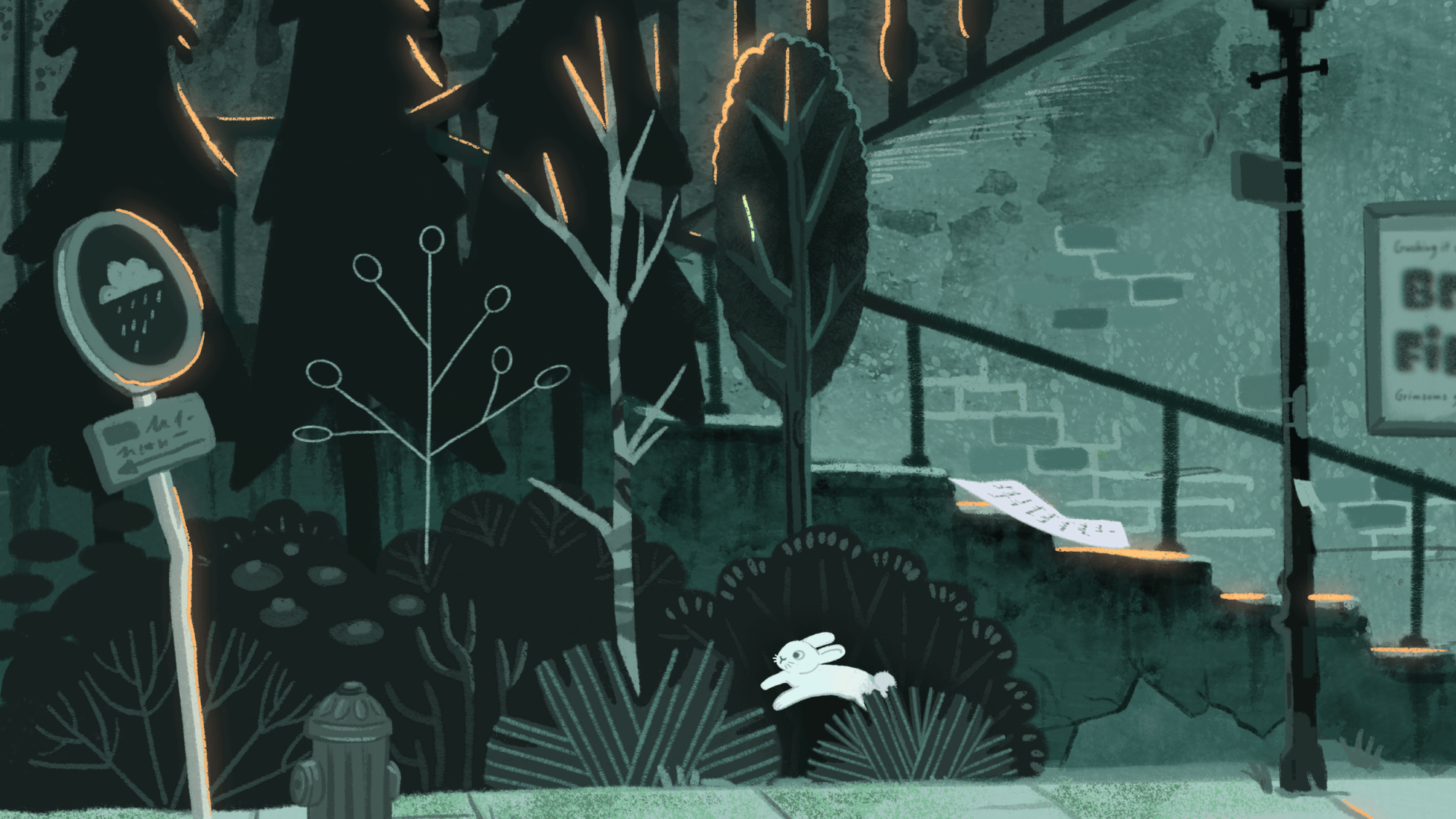A stylized illustration of a rainy city scene at night with a bunny sitting on bushes in the foreground, a rain gauge, a fire hydrant, trees, a streetlight, a sidewalk, a street with signs, and a staircase with a railing.
