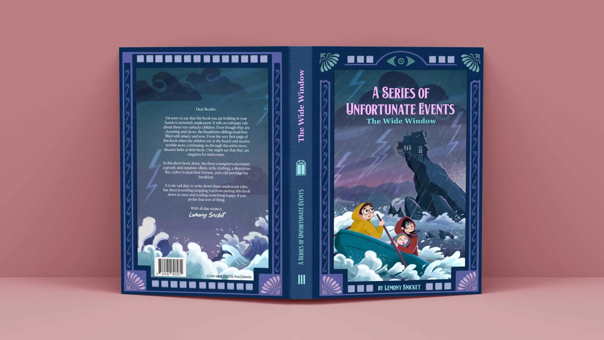 The Wide Window — redesigned book cover showing three children in a boat during a storm, with lightning, massive waves and a lighthouse in the background.