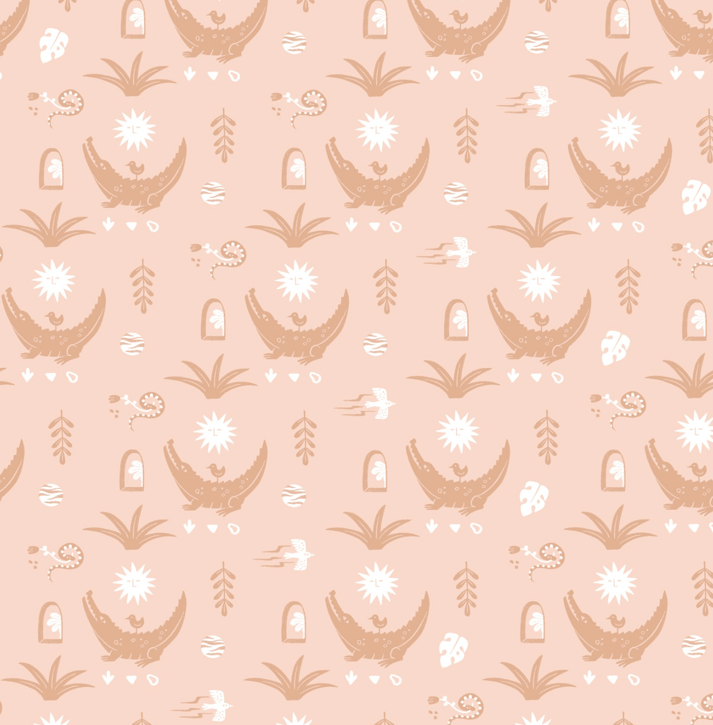 Pattern with crocodiles, palm trees, circular symbols, arrows, birds, and abstract shapes in shades of beige and white on a pink background.