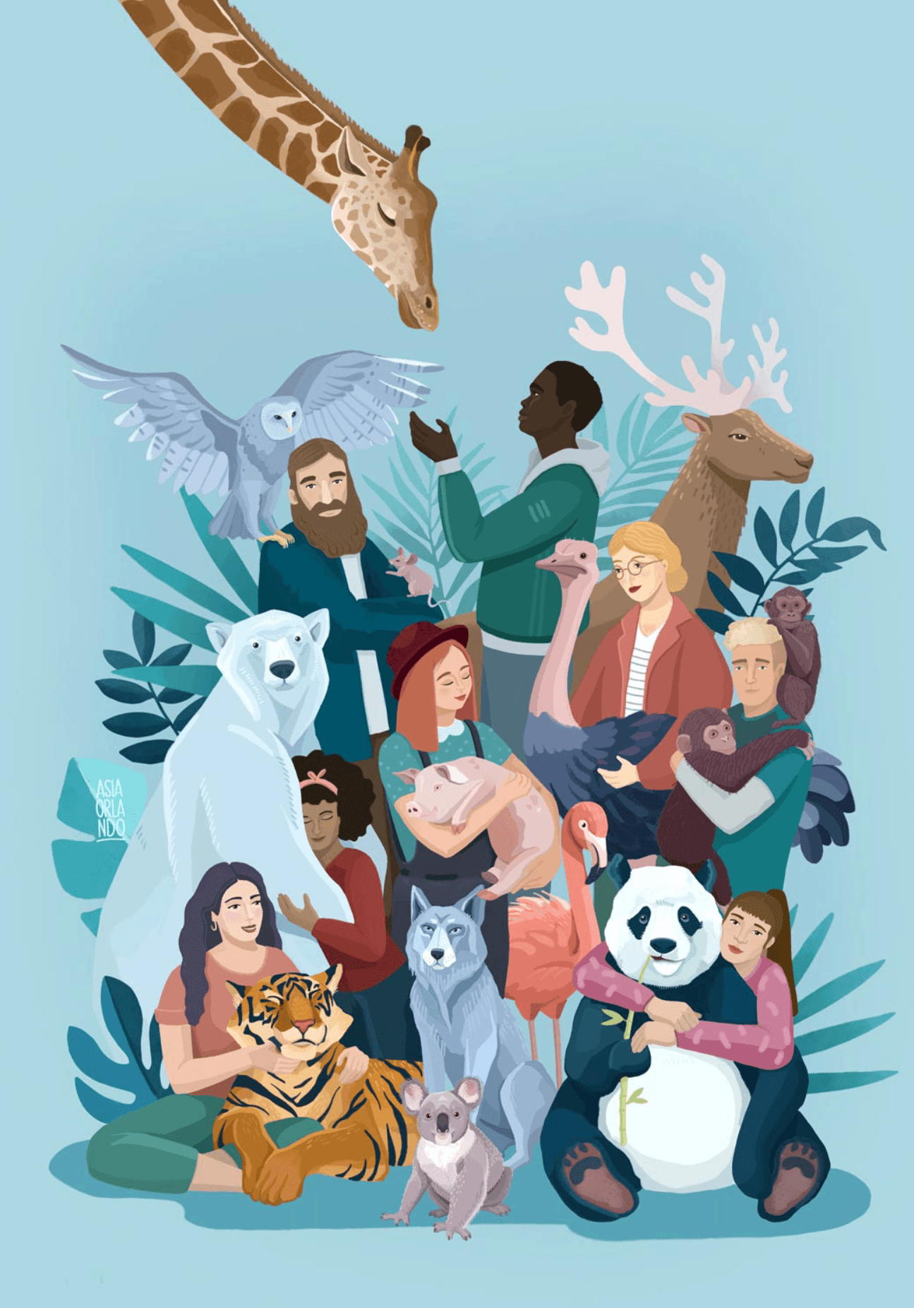 Illustration of diverse people surrounded by various animals including giraffe, owl, polar bear, tiger, wolf, panda, and more, set against a light blue background.