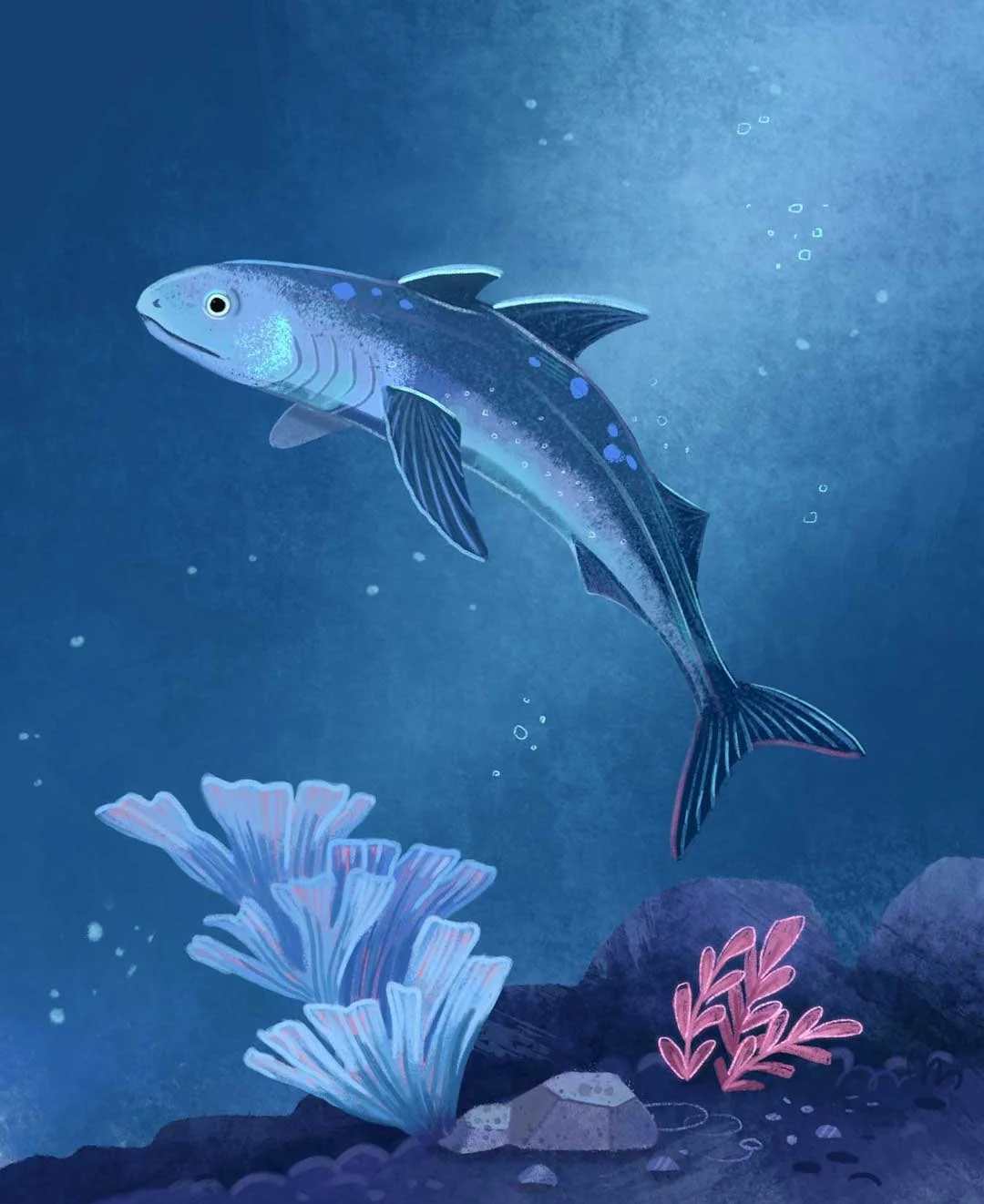 Animated illustration of a fish swimming underwater near coral and rocks.