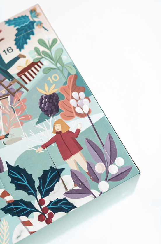 Colorful illustrated holiday scene with a person outdoors among snow, holly, berries, cotton, and other winter plants.
