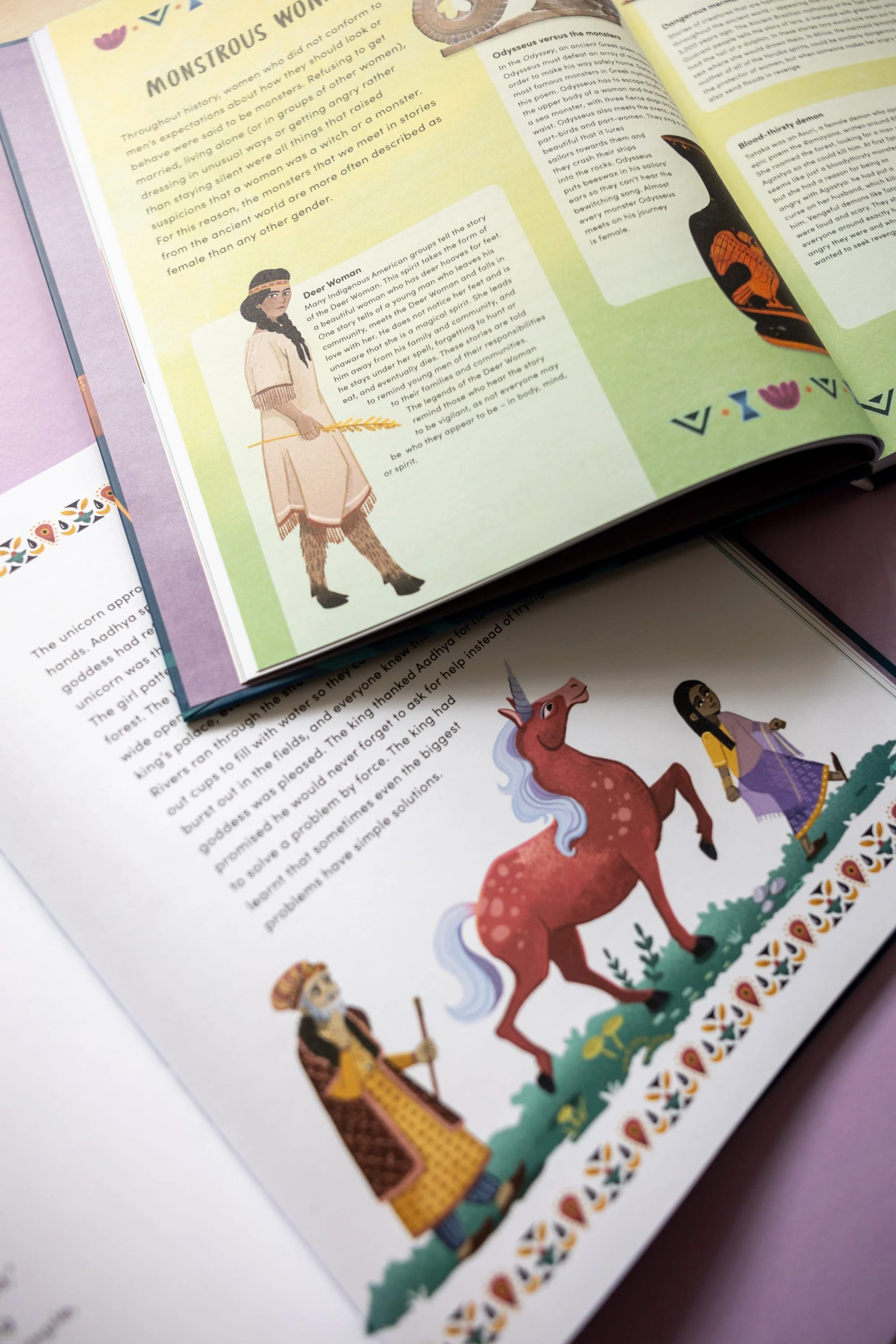 Open children's book showing illustrations of a woman in traditional attire holding a spear and a unicorn with a man dressed in historical costume nearby, set against a decorated border.