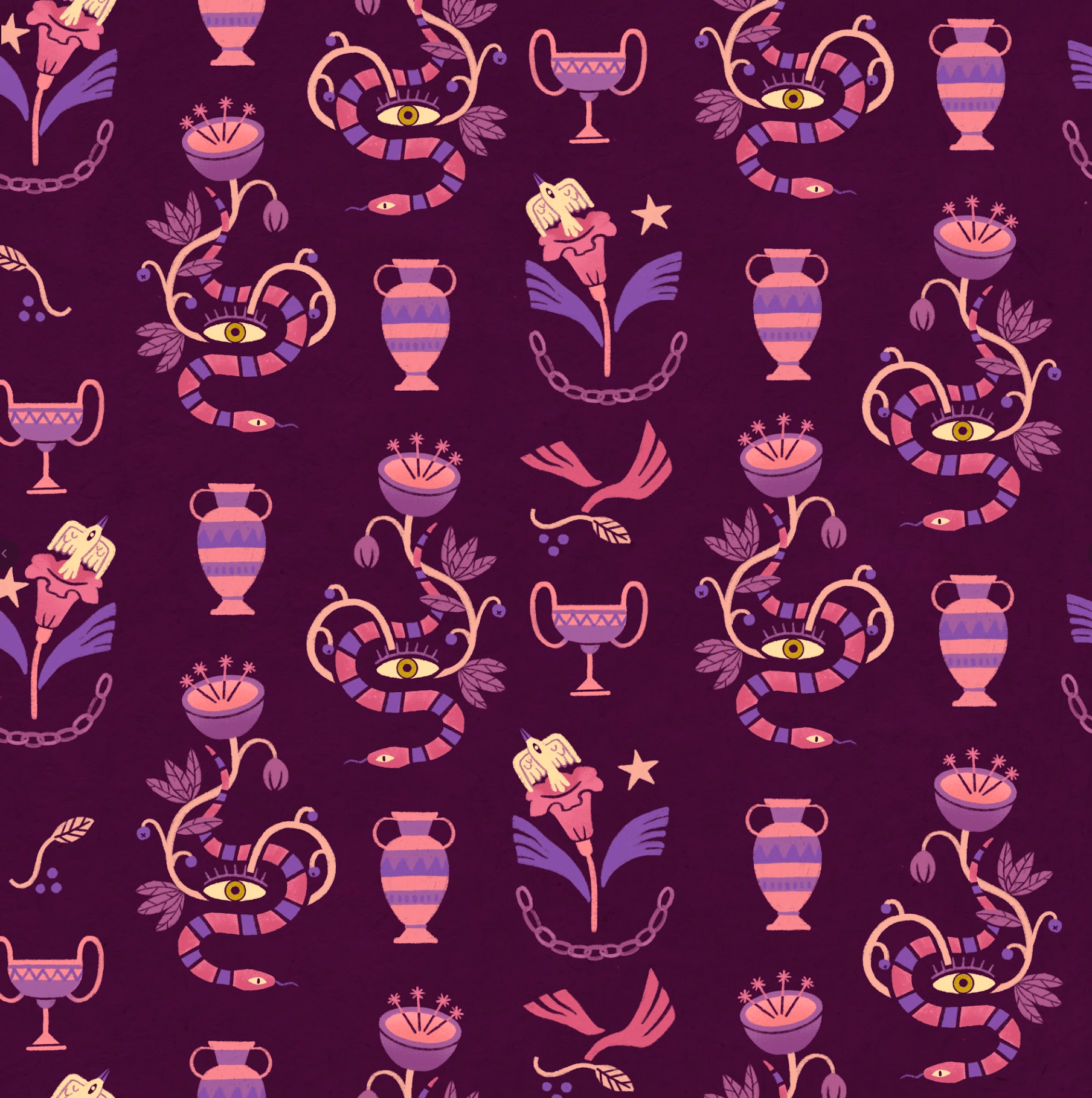 A repeating pattern with purple and pink fantasy-style creatures, vases, urns, a winged unicorn, a snake with an eye, and various ornamental elements on a dark purple background.