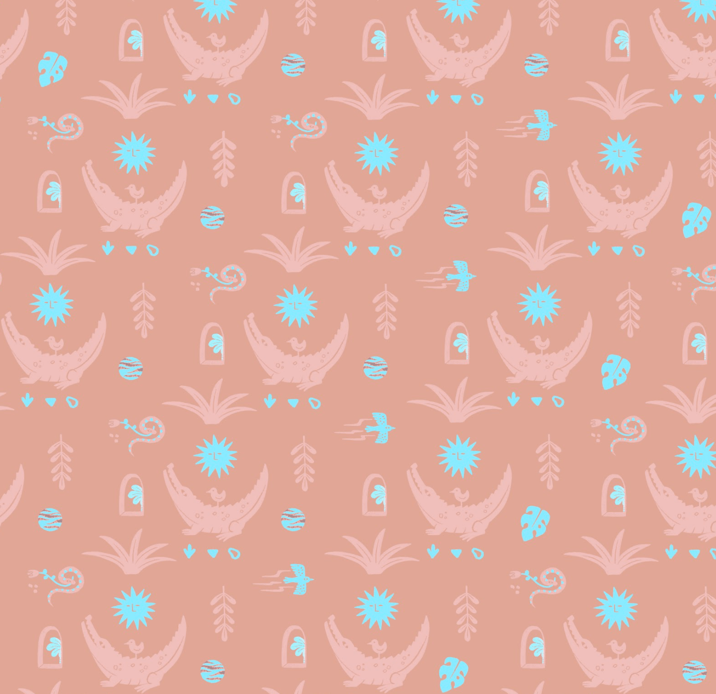 A seamless pattern with pastel pink background featuring blue and light pink elements including crocodiles, birds, leaves, moons, and abstract shapes.