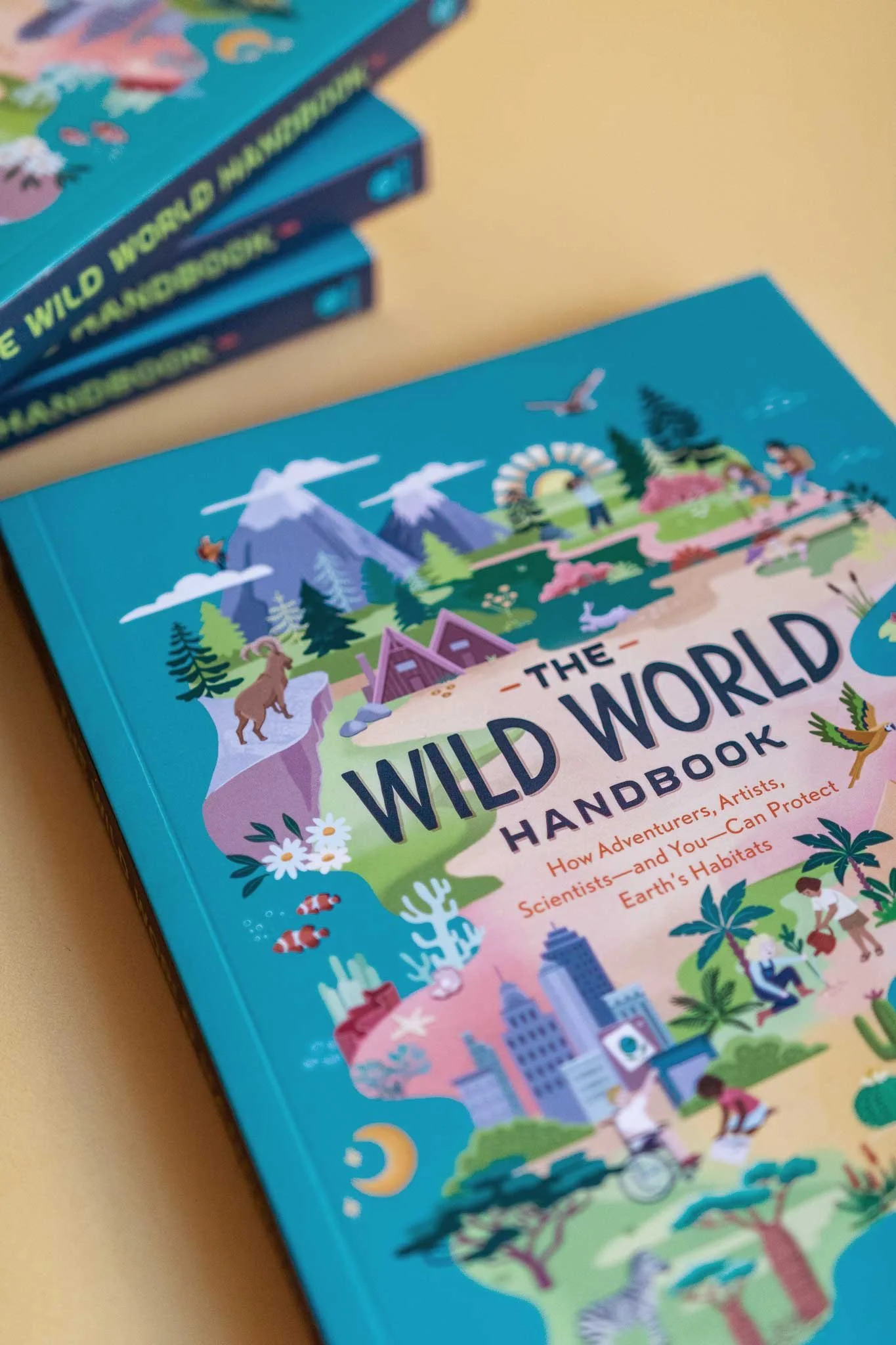 The cover of a child’s book titled 'The Wild World Handbook' features colorful illustrations of mountains, mountains, mountains, forests, animals, and people engaging in outdoor activities.