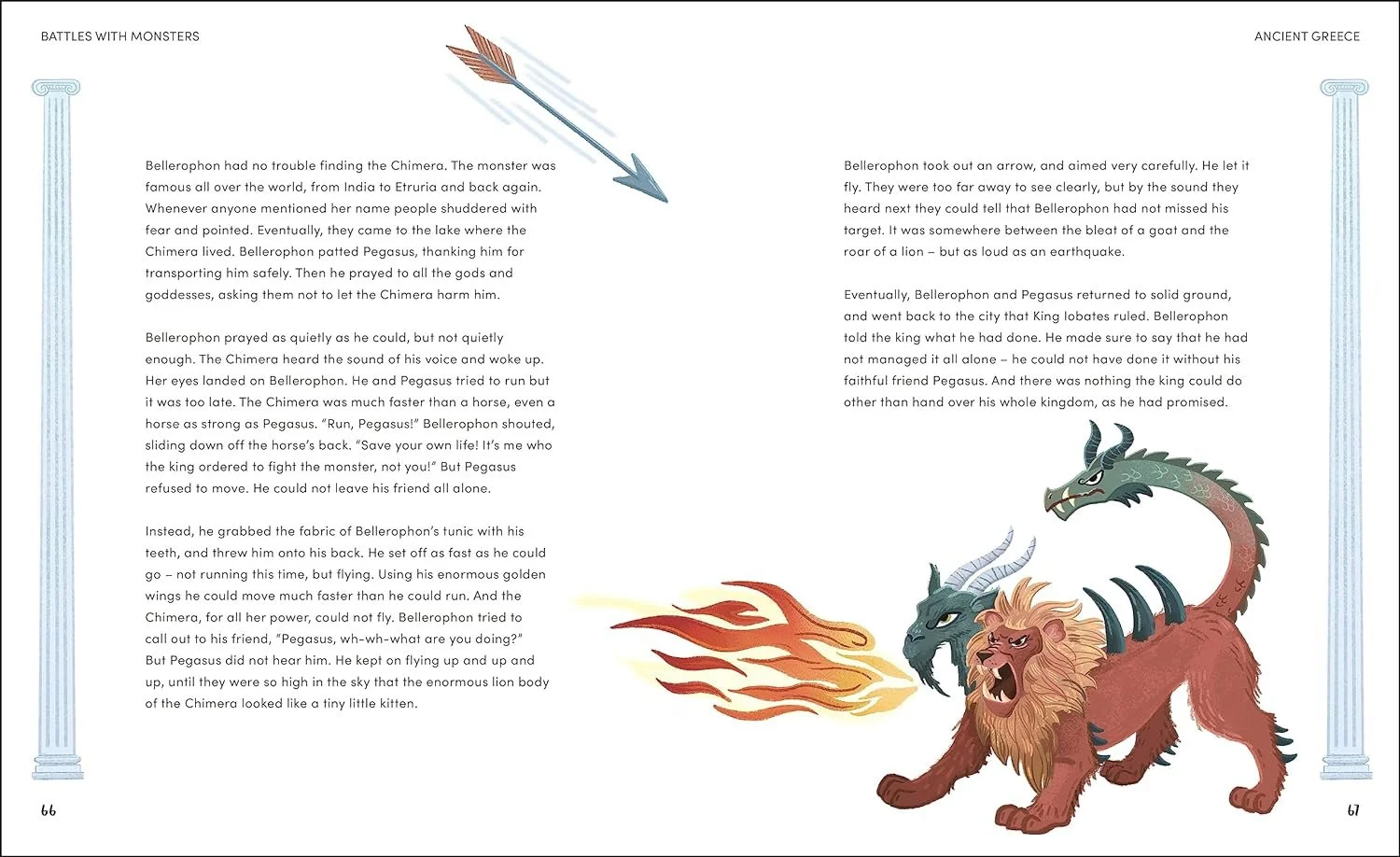Illustration of a three-headed mythical creature resembling a lion with a dragon's head, breathing fire, in a storybook about battles with monsters. The creature is under two Greek-style columns, with text on both sides.