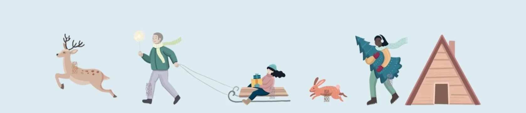 Illustration of a Christmas scene with a reindeer, a person pulling a sled with a girl, a rabbit, a girl holding a pine tree and a gift, and a small tent.