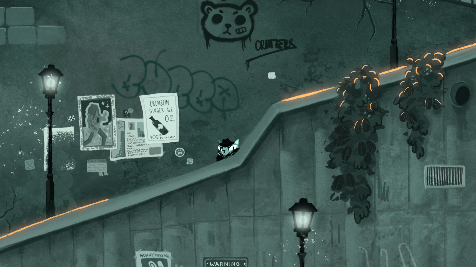 A digital artwork depicting a dark, graffiti-covered urban alleyway. There are street lamps emitting soft light, graffiti on the walls including a bear face and the word 'CRITTERS', and various posters including one advertising 'Crimson Ginger Ale 0%' organic. A stylized black and white cat with teal accents peeks out from behind a small wall or ledge at the center. The scene has a moody, slightly mysterious atmosphere.