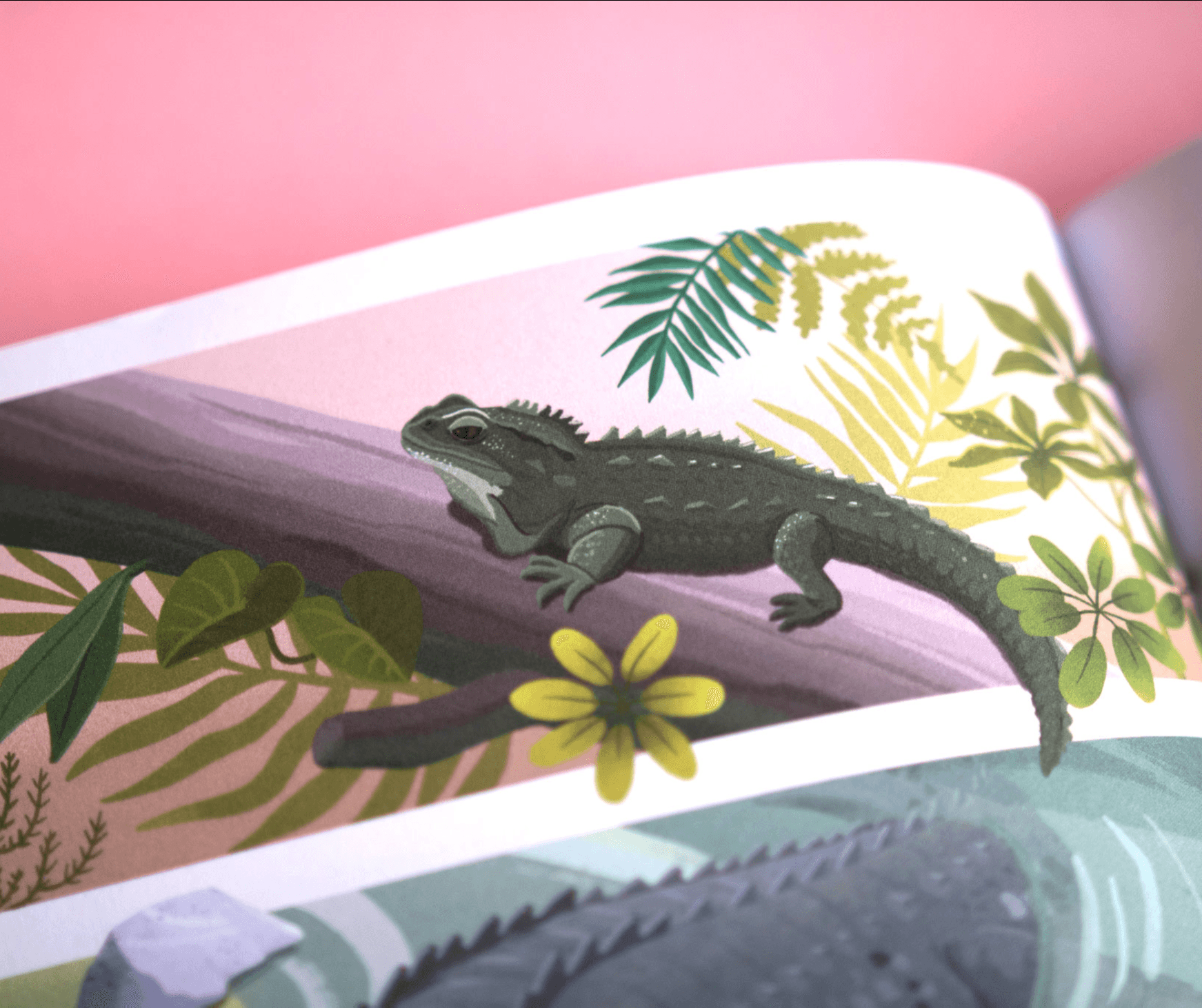 Illustration of a small lizard resting on a branch surrounded by green and yellow leaves.
