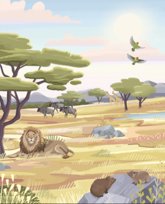 Illustration of an African savanna landscape with a lion resting on the grass, elephants walking nearby, giraffes in the distance, and two birds flying in the sky.