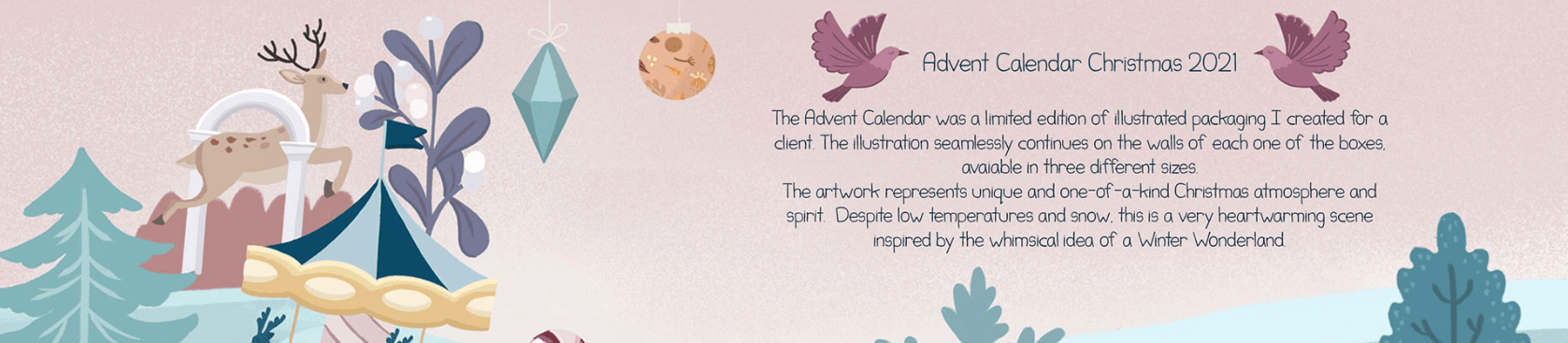 Illustrated scene of a winter wonderland with a reindeer on a carousel, trees, a tent, pink and purple birds, and a Christmas ornament, accompanying text about the 2021 Advent Calendar Christmas.