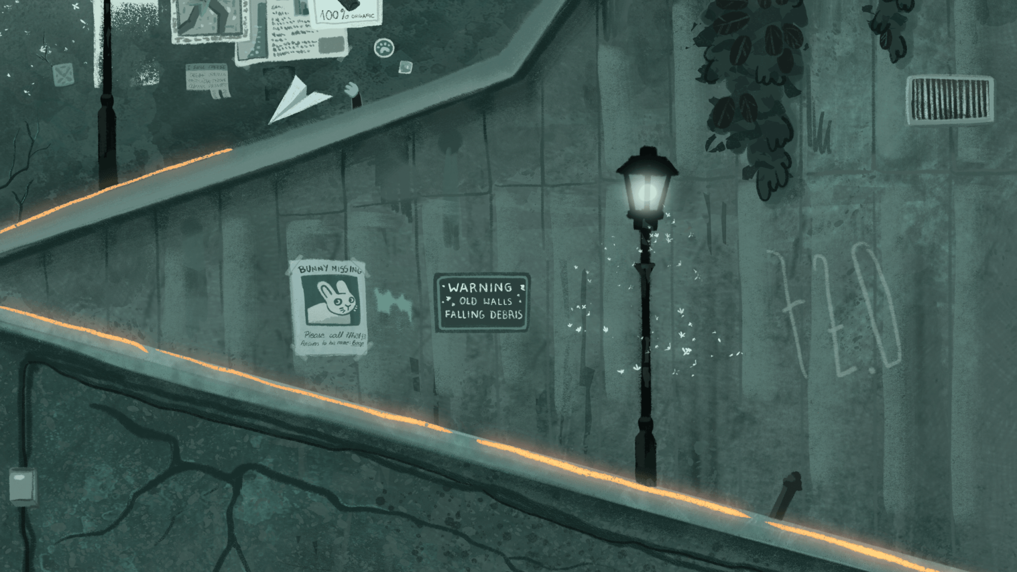 A dimly lit urban scene showing a cracked street with graffiti, a streetlamp, and a wall with posters and signs, including one warning of falling debris and another about a missing bunny.