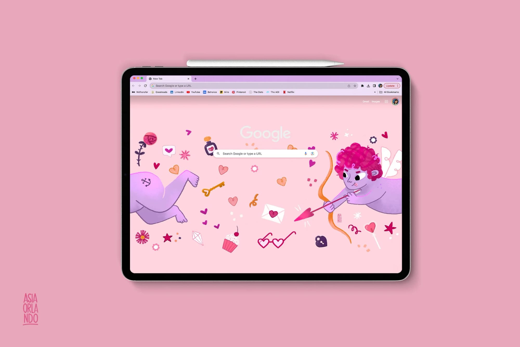 A tablet with a pink background displaying a whimsical, illustrated scene of Cupid and a winged animal, surrounded by love-themed icons like hearts, keys, and arrows, and a search bar in the center.