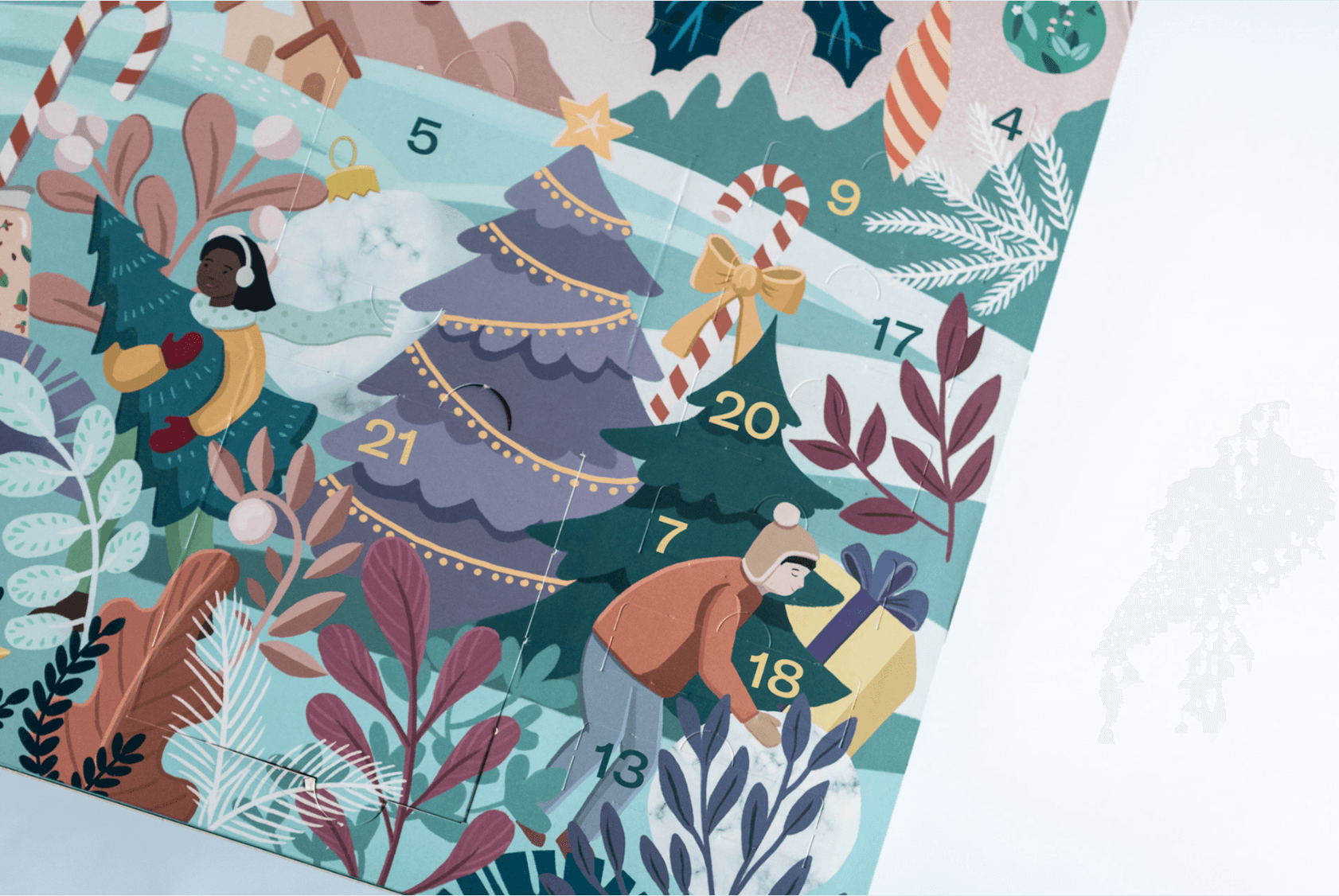 Part of an illustrated Christmas advent calendar with numbered doors, featuring a person placing a gift under a Christmas tree, surrounded by holiday decorations and foliage.