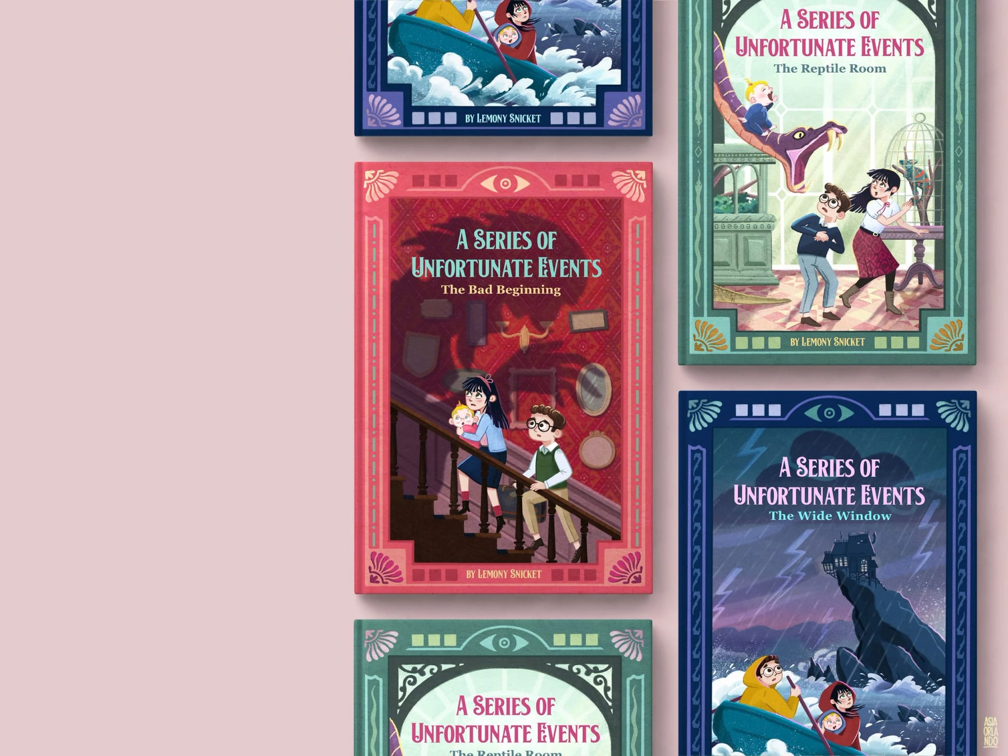 All three book covers from the series, featuring illustrations of the Baudelaire children in various unfortunate scenarios.