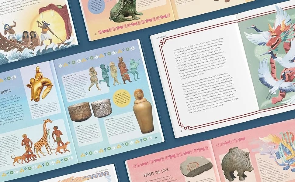 Open children's books with illustrations of ancient artifacts, mythical creatures, and historical scenes displayed on a blue background.