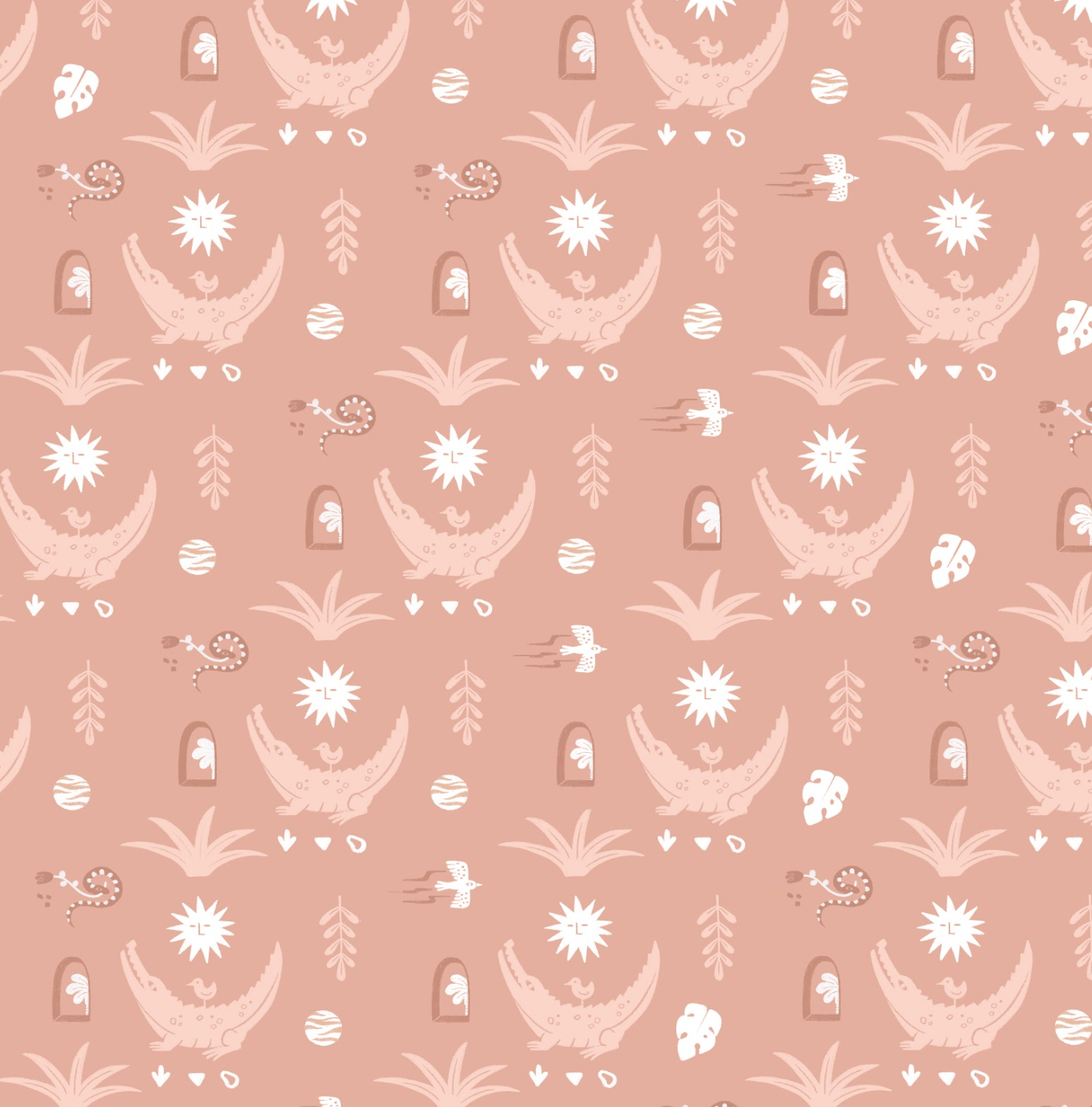 A repeating pattern with a cartoonish crocodile and a small bird on its back, surrounded by plants, moons, and abstract shapes, on a pinkish background.