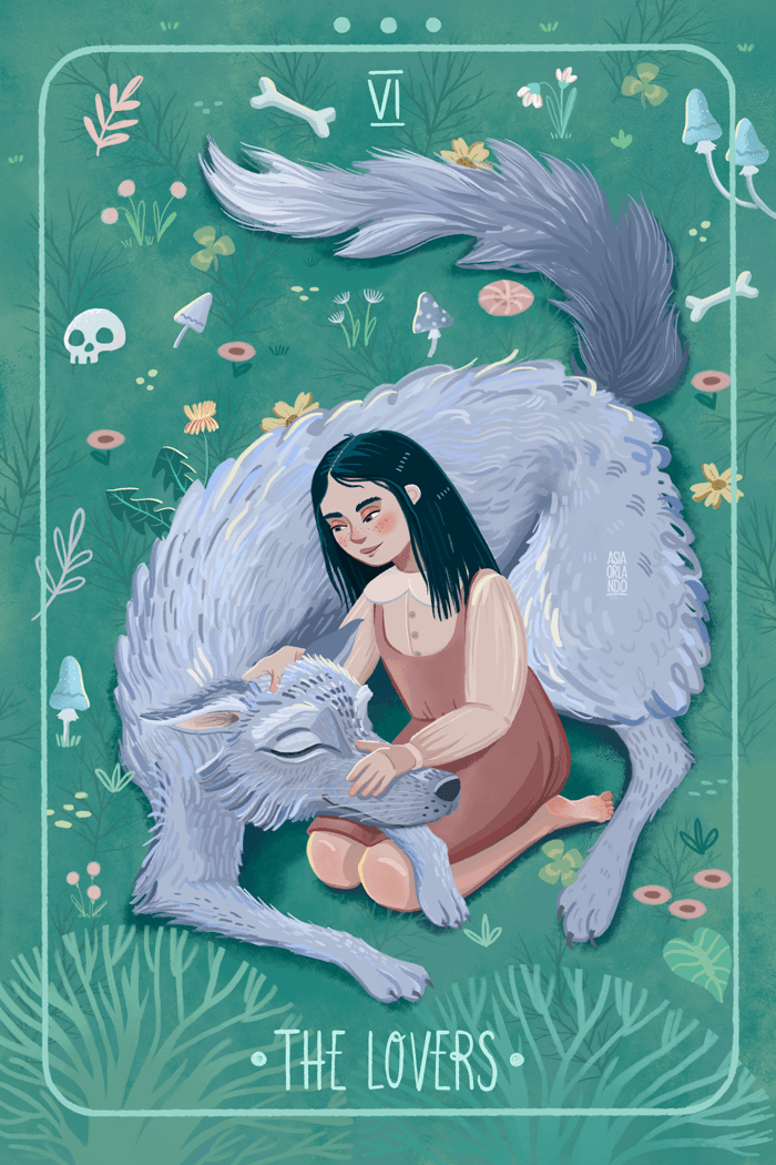 Illustration of a girl hugging a large, gray wolf on a grassy background with flowers, mushrooms, leaves, and bones, labeled 'The Lovers' at the bottom.