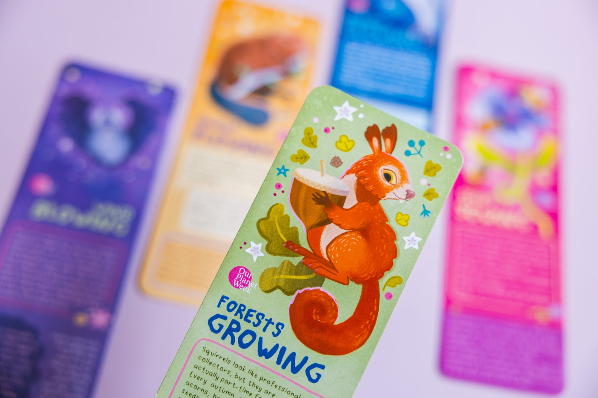 Fan of bookmarks, close-up angle.