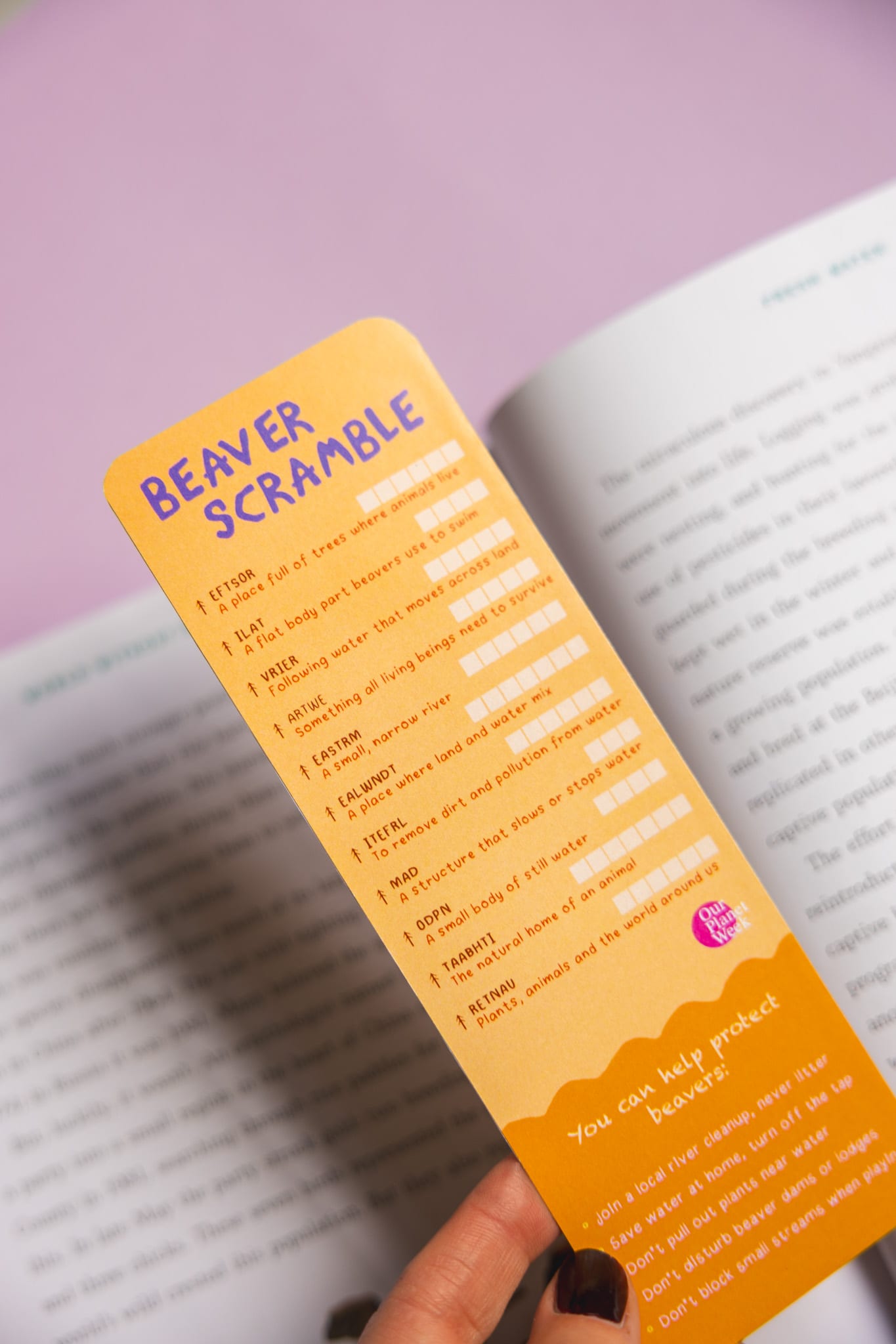 Bat bookmark tucked into an open book.