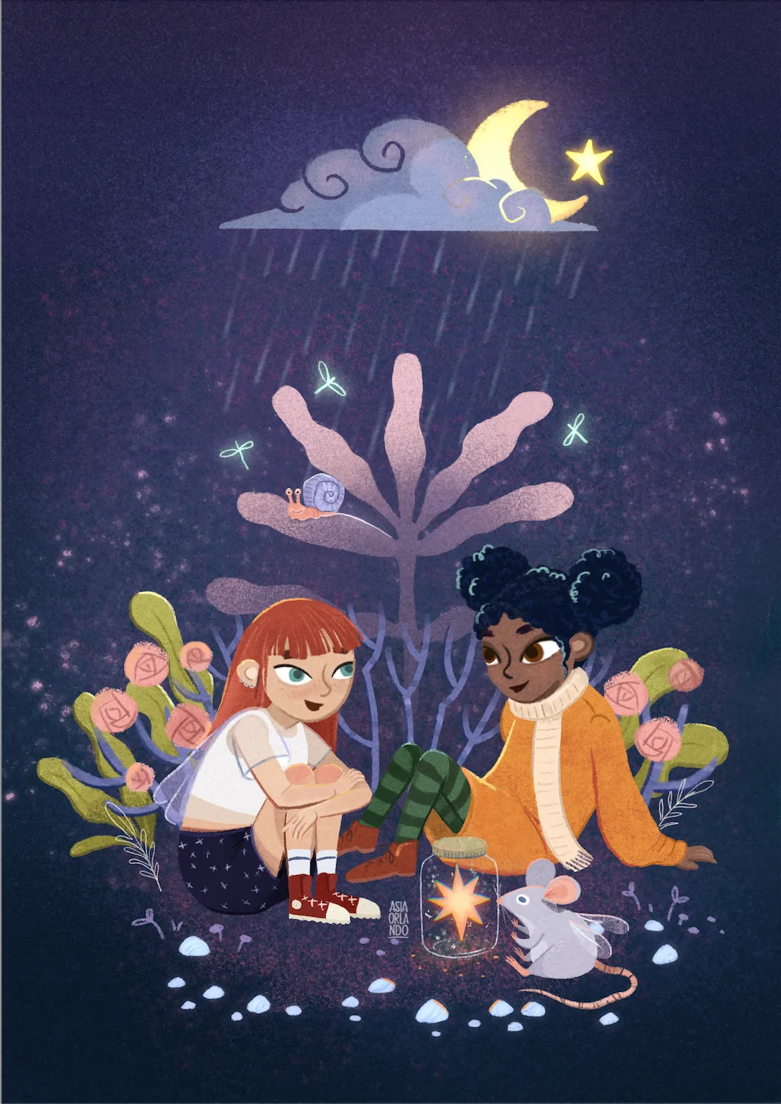 Two friends sitting on the ground under a rainy crescent moon with a star-filled jar between them.