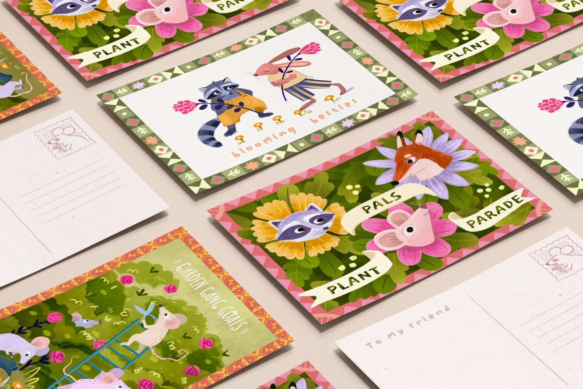 Friendship Postcards grid — Blooming Besties, Pals Parade and Plant Pals laid out together.