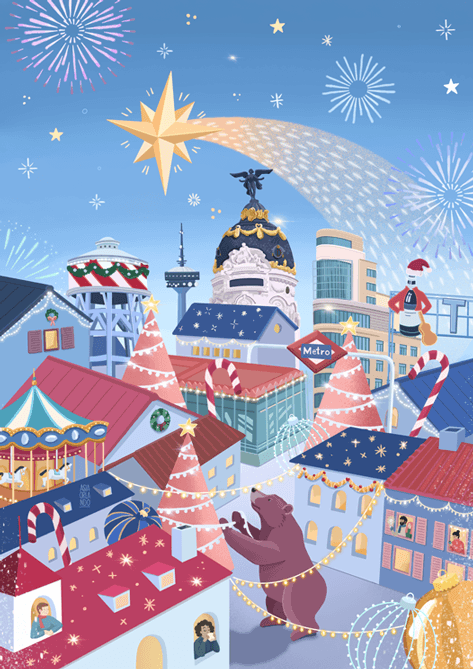 Madrid Navidad poster proposal — blue night with bear concept.