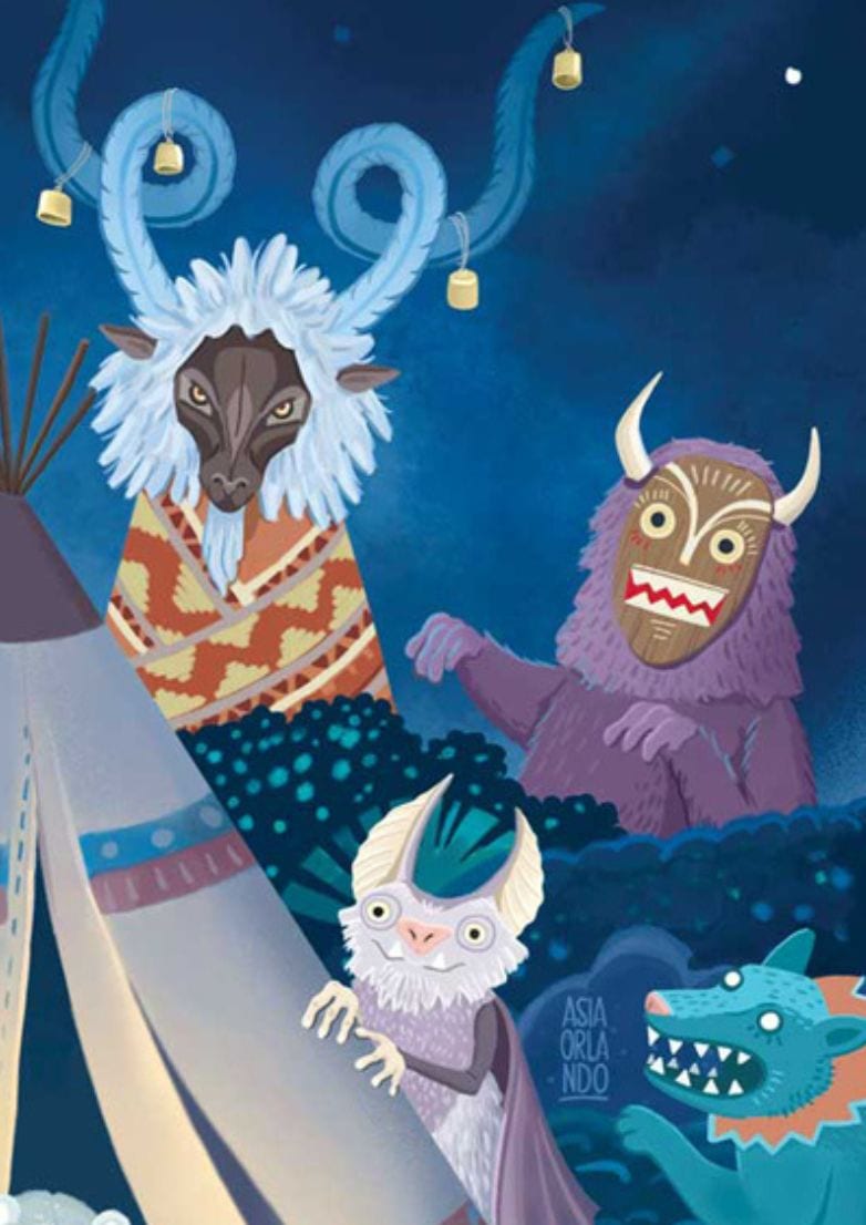 Detail — the tall blue-horned creature with antique bells and the purple horned monster crouched at the right side of the scene.